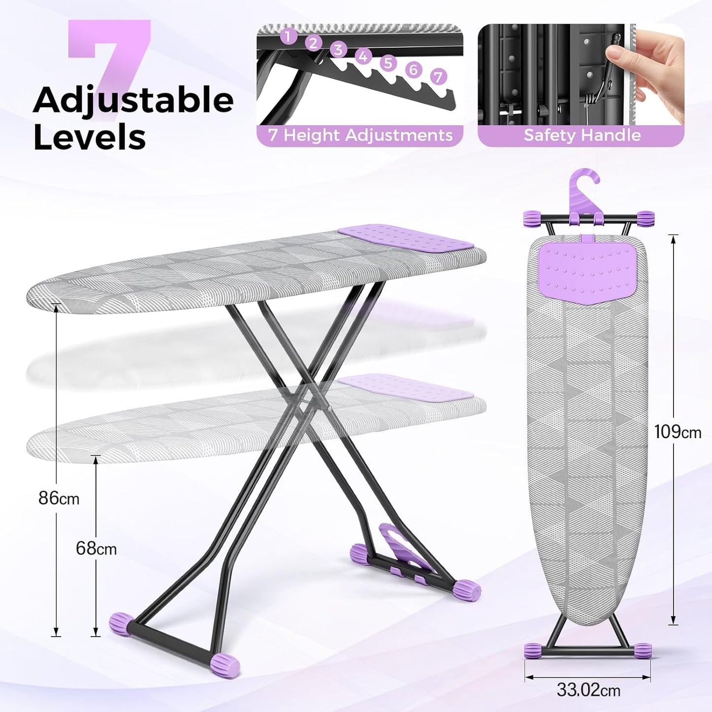 KINGBOARD Ironing Board, Compact Iron Board with Silicon Iron Mat, Heat Resistant Cover, 7 Height Adjustable, Foldable Ironing Board Wall Mount Hanger, 13x43 Grey