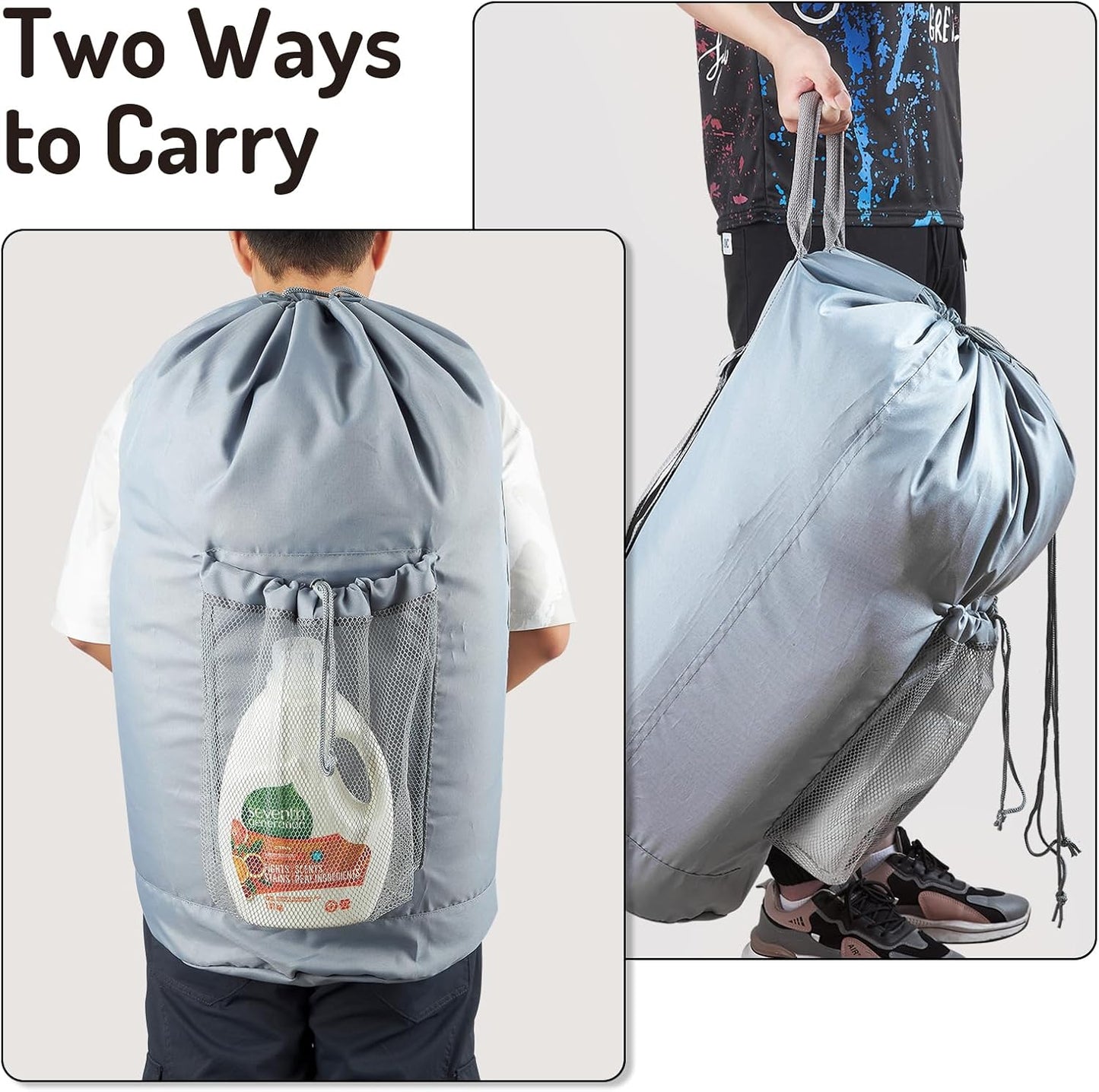 Backpack Laundry Bag, Large Laundry Backpack with Detergent Holder and Adjustable Shoulder Straps for College Travel Dorm Room (Gray)