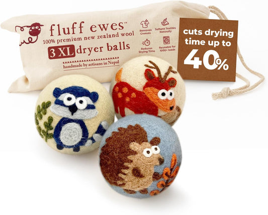 Fluff Ewes Wool Dryer Balls 3 Pack Premium New Zealand Wool Laundry Balls for Dryer, No Static Dryer Balls Laundry Reusable, XL Hedgehog Dryer Balls, Baby Dryer Balls for Dryers - Hedgehog and Homies