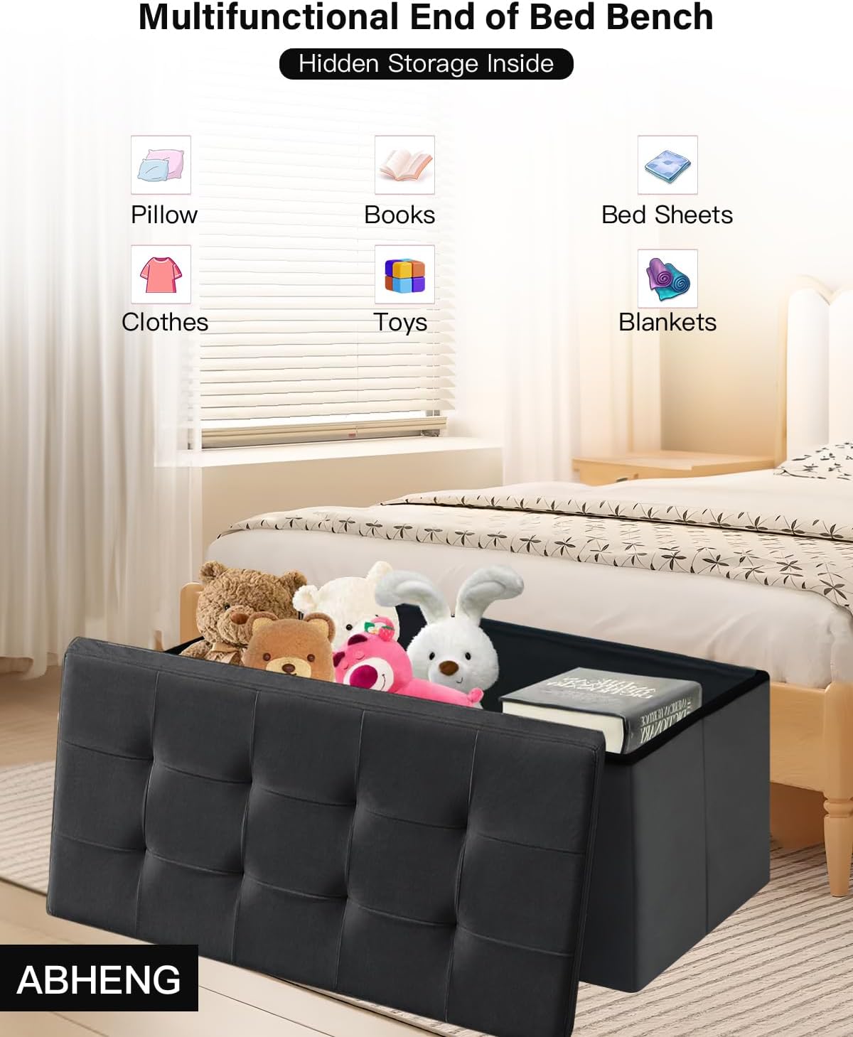 Folding Storage Ottoman, Velvet Storage Bench, Footrest, Removable Divider, for Living Room, Bedroom, 15 x 43 x 15 Inches, 660 lb Load Capacity, Ink Black UASND02B