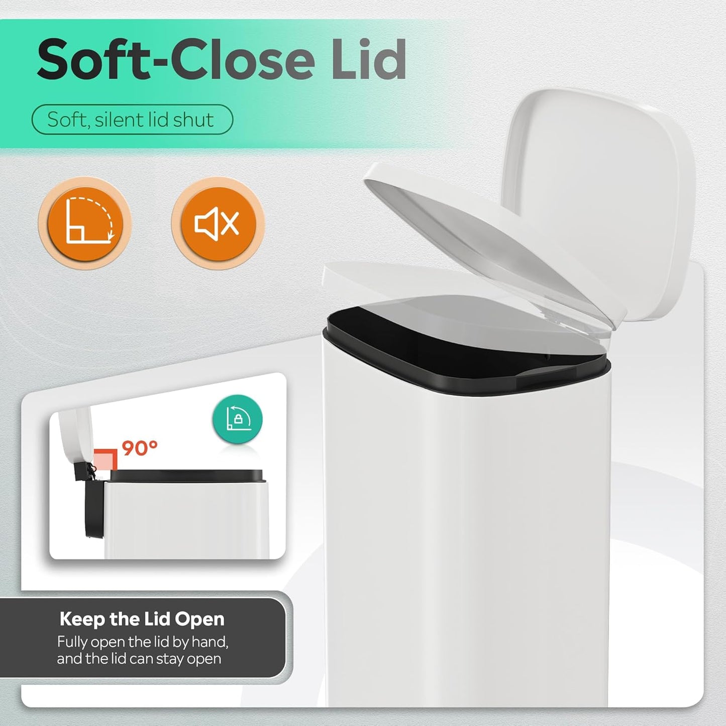 WLIVE 13 Gallon Stainless Steel Trash Can with Inner Bucket, Kitchen Garbage Can with Lid, 50L Soft Close Step Trash Can with Metal Foot for Home, Kitchen, Laundry Room, Office, White