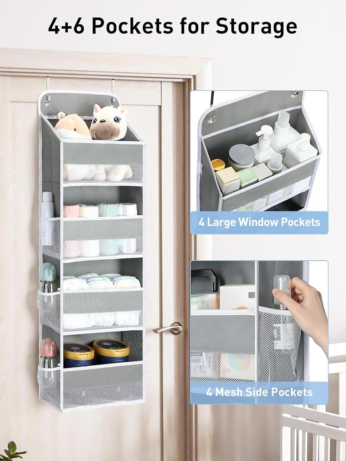 Yecaye 3 Pack 4-Tier Over The Door Organizer - Foldable Portable Baby Essentials for Stuffed Animal Storage - Multi-Purpose Bathroom Closet Organizers and Storage for Kids Newborn Baby Stuff Gray