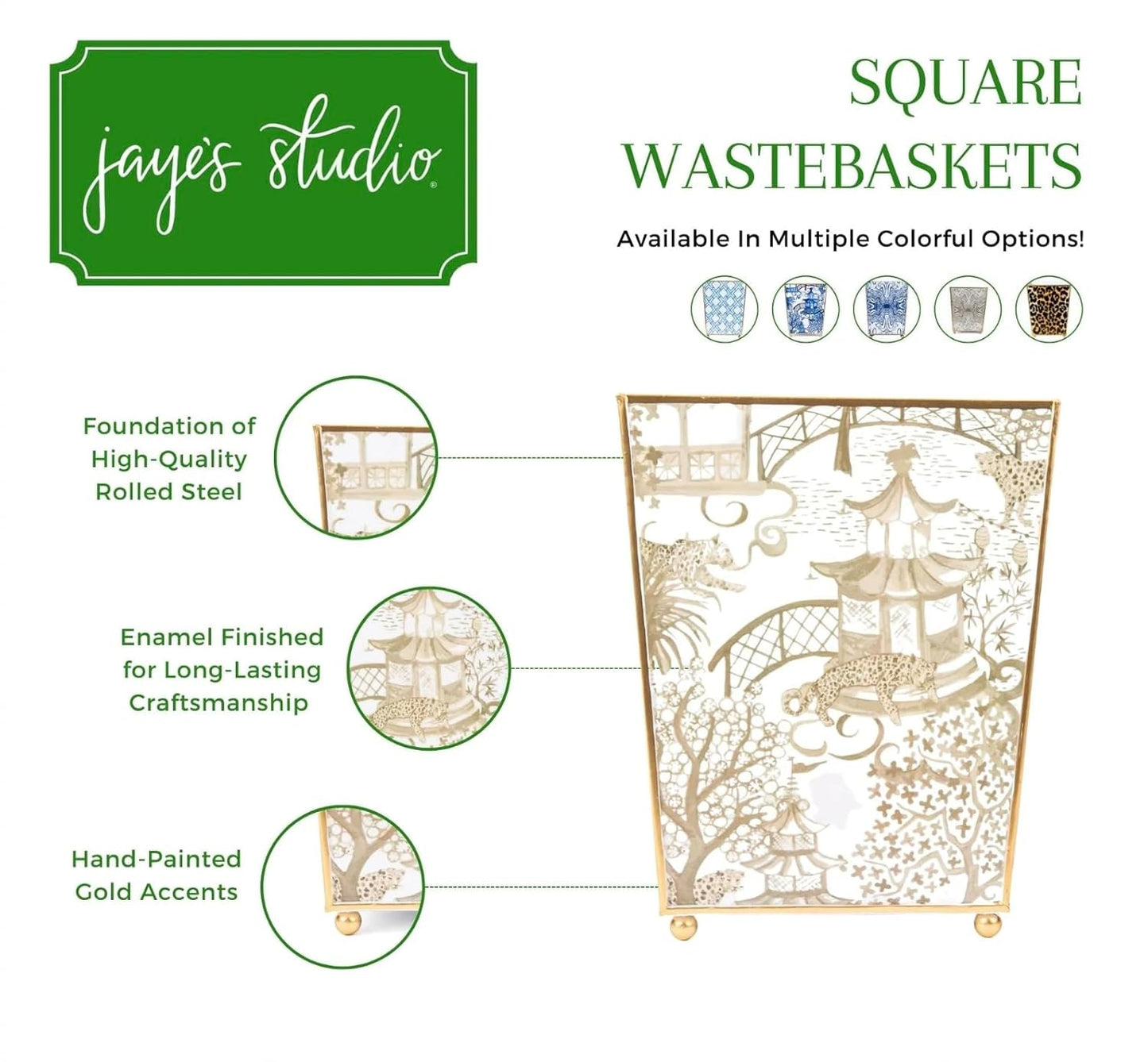 Jaye’s Studio Garden Party Decorative Gold Waste Basket for Bathroom Trash Can no Lid, Bedroom Garbage Can Square Office Trash Bin, Vanity Enamel White & Blue Bathroom Trash Can Gold Feet, 9 inch Wide