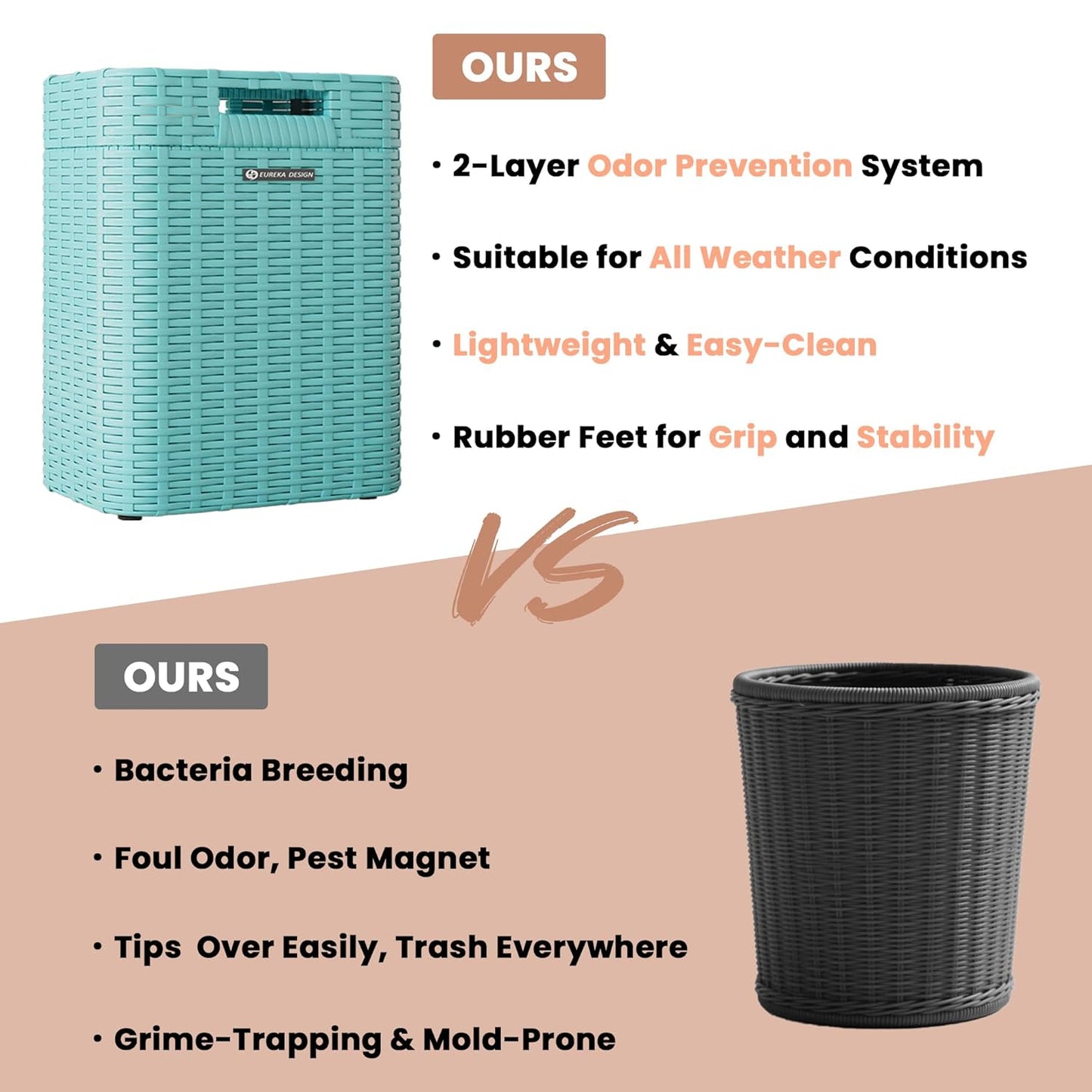 Ypati Handwoven Rattan Trash Can with Lid, Indoor and Outdoor, 4.5 Gallon with Complementary Shelf, Waste Container for Bathroom, Patio, Study, with Trash Bags, Grey, Designed by Eureka