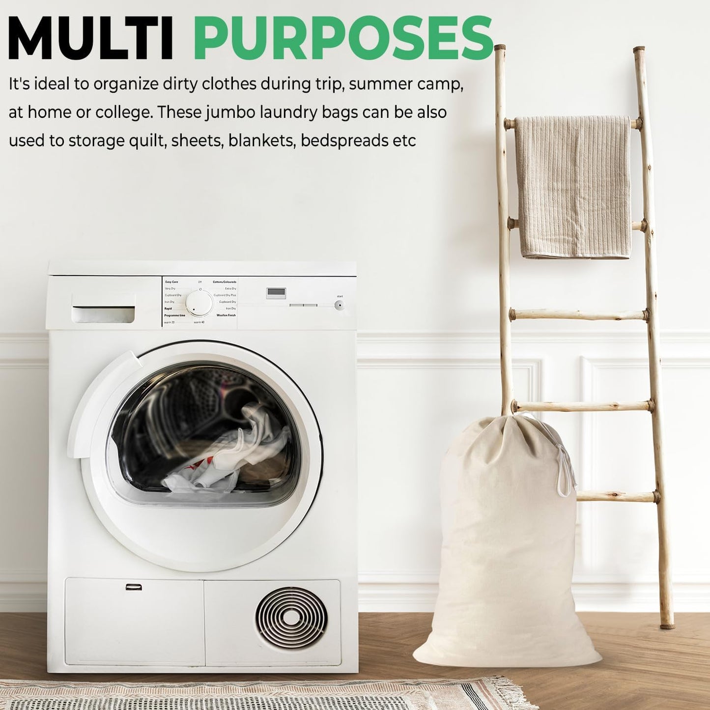 4 Pack - Extra Large Cotton Laundry Bag, Heavy Duty Large Laundry Bags 24 x 36 inch XL Drawstring Travel Organizer Bag Fit Hamper Basket Camp Home College Dorm Tear Resistant Dirty Cloth Big Storage