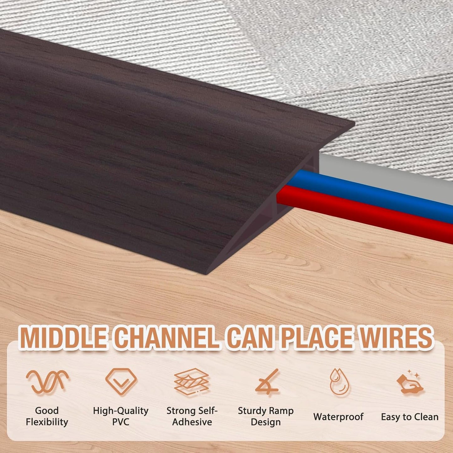 Floor Transition Strip Self Adhesive Vinyl Door Threshold for Doorways Carpet Edging Trim Overlap Edge Reducer for Laminate Floor, Carpet, Tile (Dark Walnut Grain, 1/5" to 2/5", 6.6Ft)