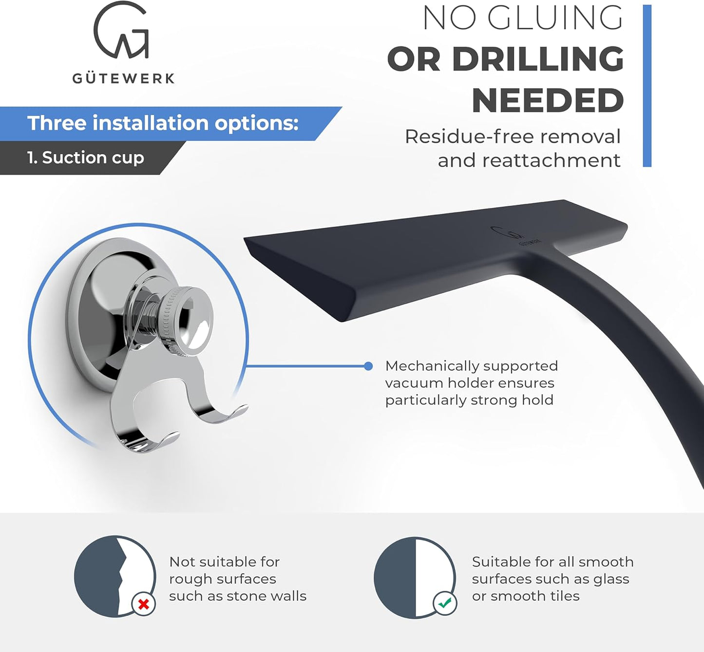 GÜTEWERK Shower Squeegee for Glass Doors, Silicone Window Squeegee, Bathroom and Glass Cleaning - Black - 13 Inch