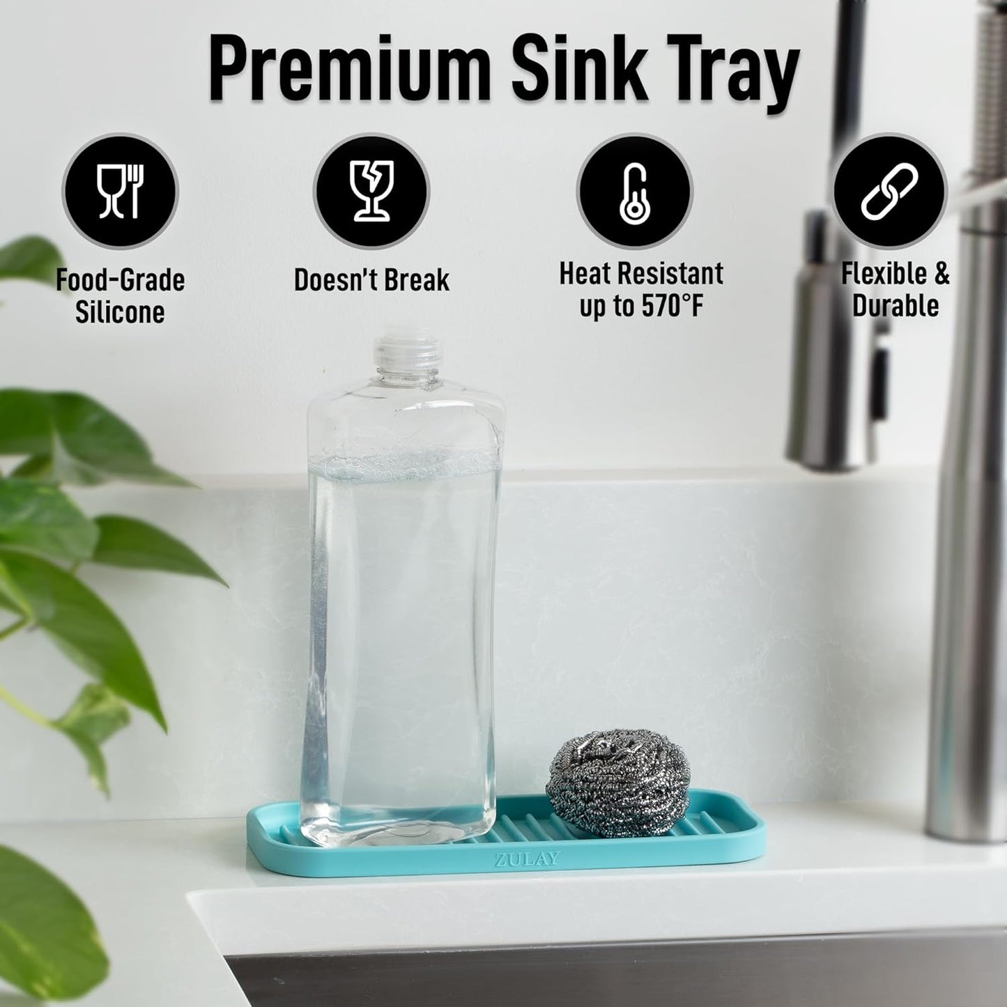 Zulay Kitchen (9x3.5) Silicone Sponge Holder for Kitchen Sink - Flexible Multipurpose Soap Tray Sponge Holder - Sink Organizer Tray for, Bathroom, Makeup, Trinkets & More (Aqua Sky)