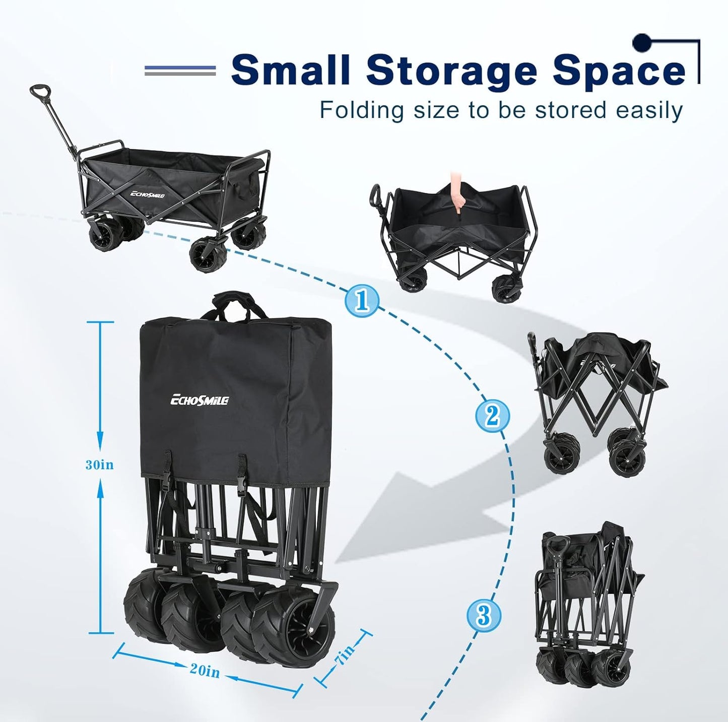 EchoSmile Heavy Duty 350 Lbs Capacity Collapsible Wagon, Outdoor Folding Camping Wagons, Grocery Portable Utility Cart, Adjustable Rolling Carts, All Terrain Sports Wagon with Big Wheels by Boahaus