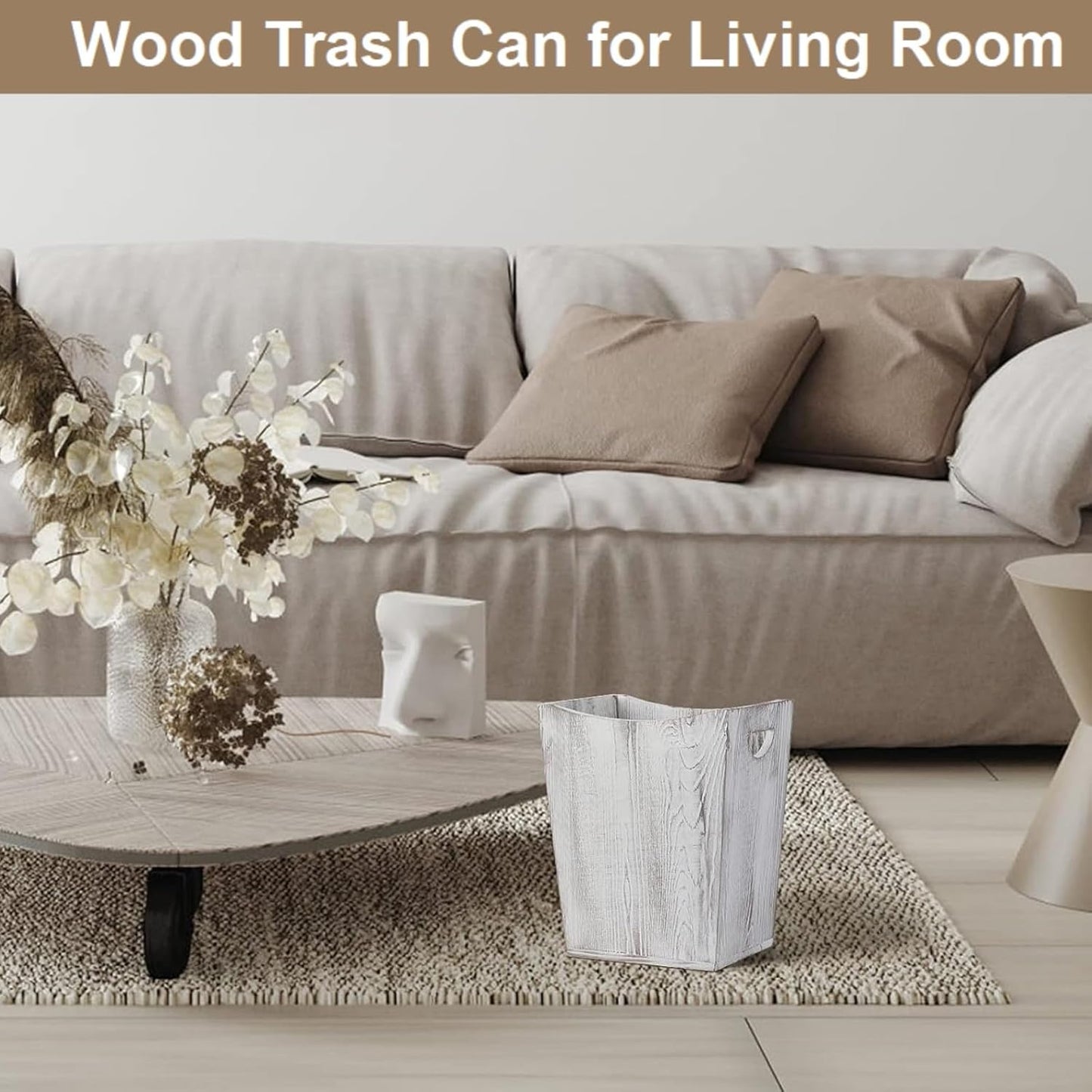 SEHERTIWY Wood Trash Can, Farmhouse Wastebasket Bin for Bathroom, Office, Bedroom, Living Room, Small Square Rustic Garbage Container (Wood-White)