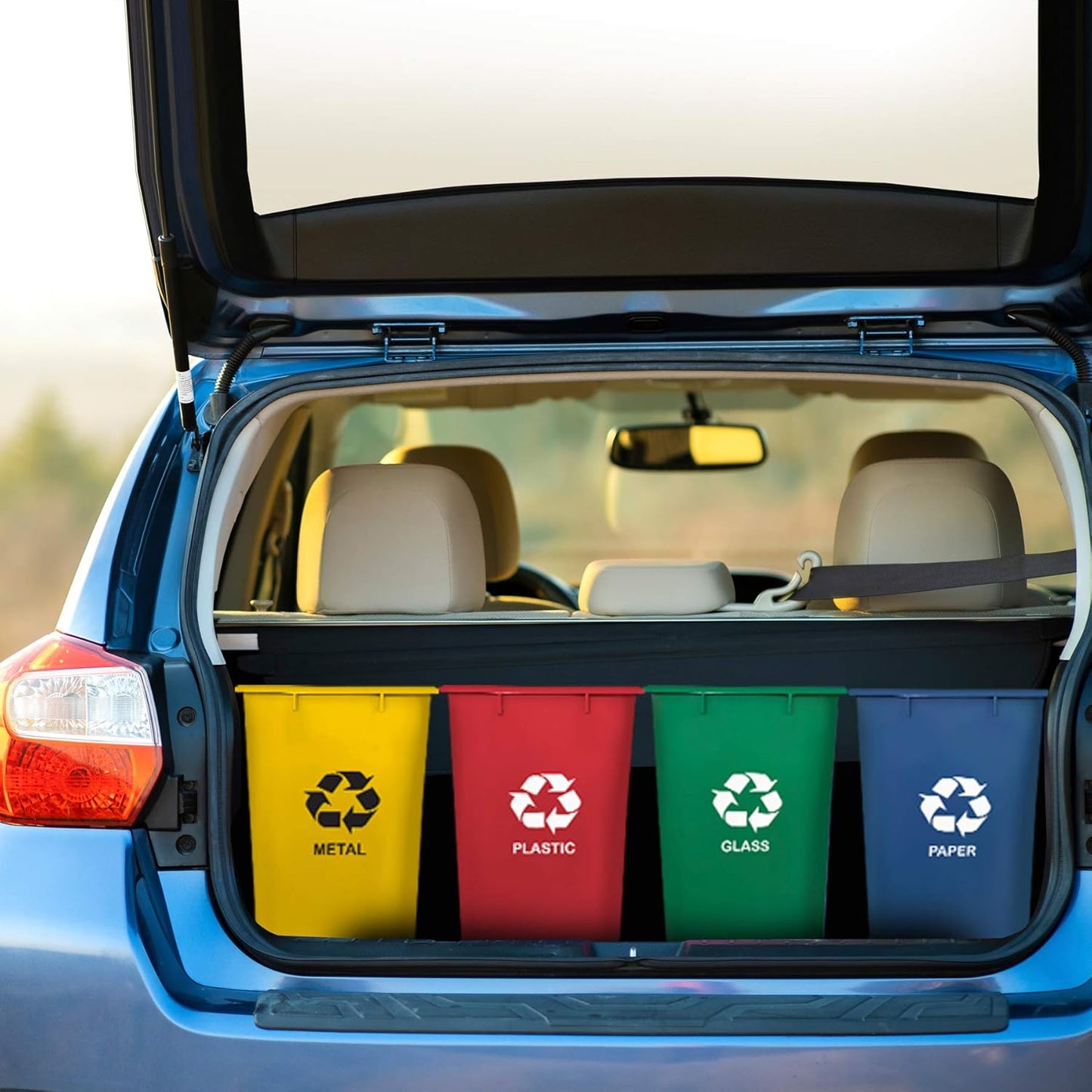 Acrimet Wastebasket Bin for Recycling, 6.75 Gallon/ 27 Quart/ 25.552 Liter (Made of Plastic) (Metal/Yellow, Paper/Blue, Glass/Green, Plastic/Red) (Set of 4)