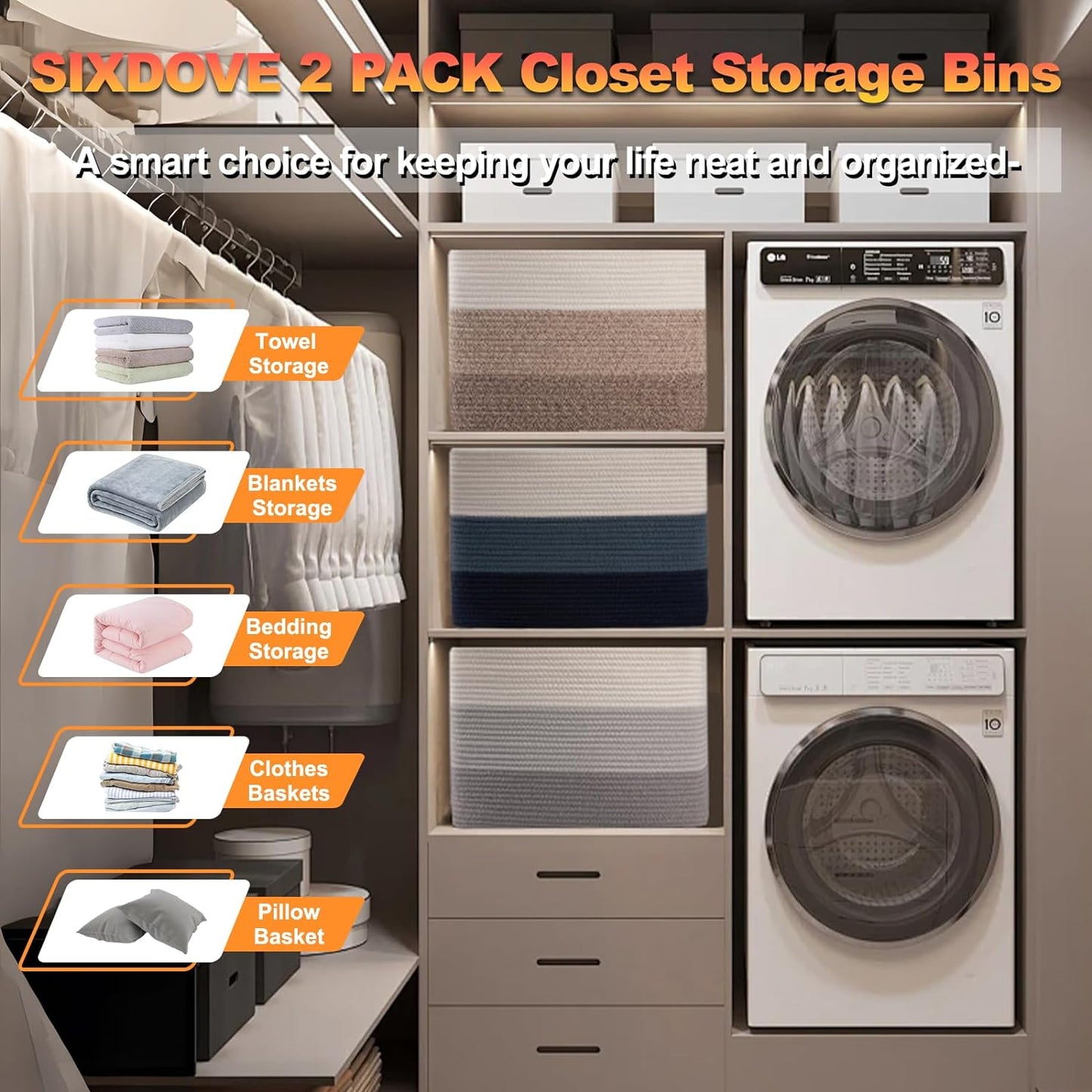 Storage Baskets for Organizing, 2 Pack Woven Basket for Storage, Rectangle Baskets for Shelves Closet Organizers, Toy Basket for Nursery Storage Living Room, Laundry Room, Bedroom (Gradient Grey)