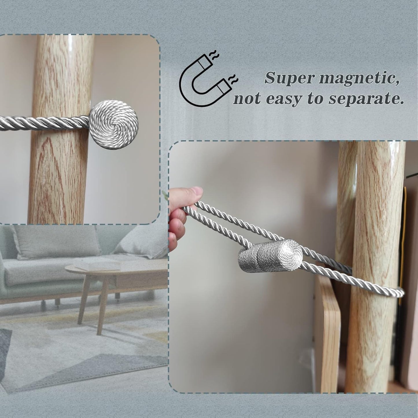 Hion Magnetic Curtain Tiebacks Grey 4 Pack, Curtain Tiebacks Buckles Holdbacks Holders Hooks Clip for Home Bedroom Office Decorative Thick or Thin Curtain