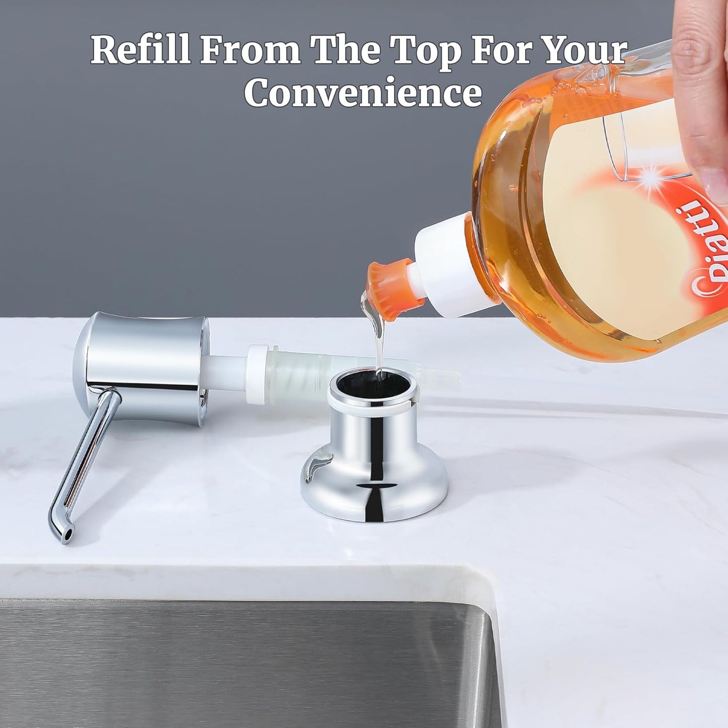 Soap Dispenser for Kitchen Sink Chrome Upgrade Built-in and Refill-from-Top Design with Liquid Hand & Dish Soap Bottle