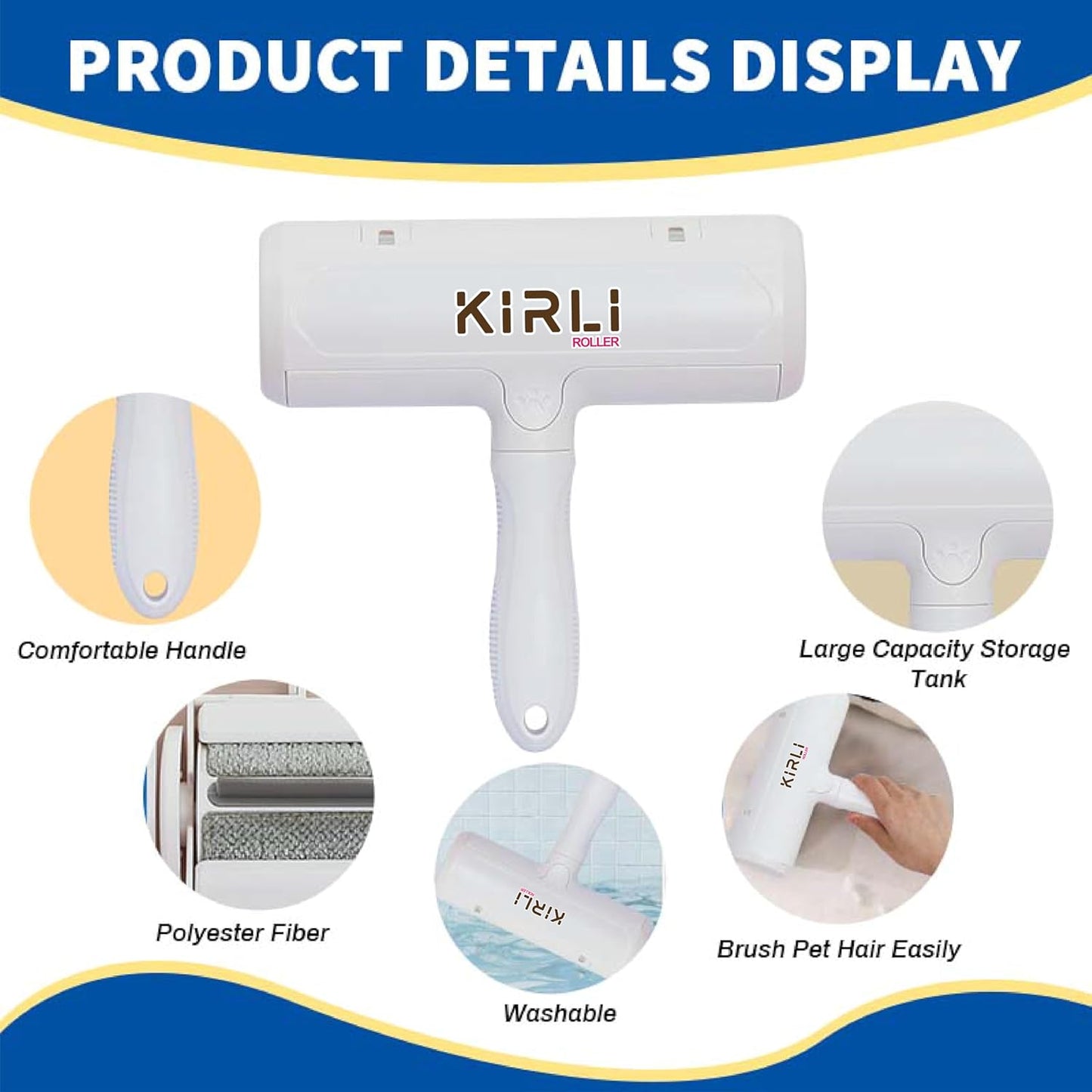 KIRLI Pet Hair Roller, Fur Remover Tool with Built-in Fur bin, Reusable Lint Roller for Pet Hair, Multi-Surface Furniture Clothing, Couch, Carpet, Bedding Cat and Dog Hair Remover (White)