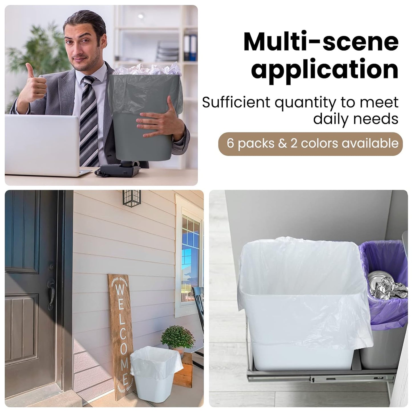 Eccliy 6 Pack Plastic Trash Can with 3 Rolls of Trash Bags Small Wastebasket Garbage Bin Container for Bathroom, Bedroom, Home Office, Living Room, Kitchen (Gray,White)