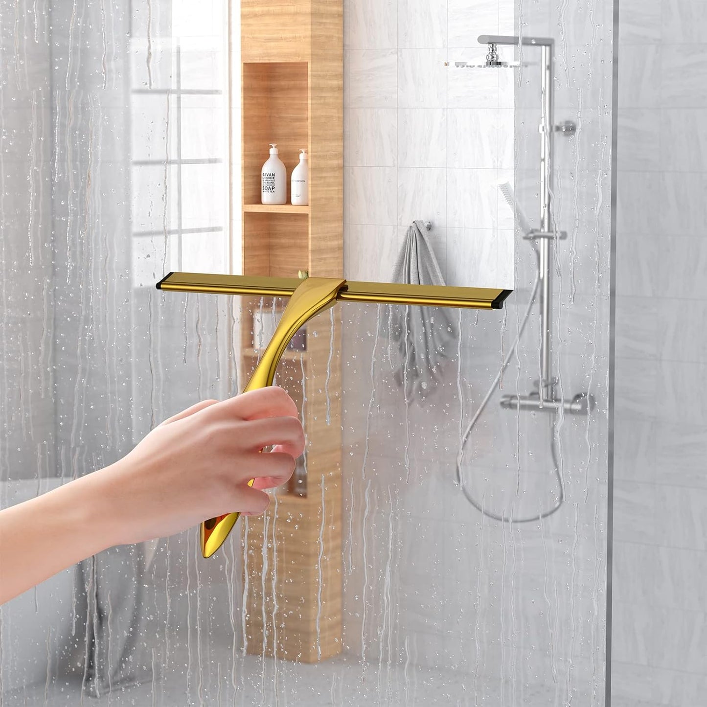 Shower Squeegee for Glass Door 12-Inch Stainless Steel Bathroom Squeegee Window Wiper, 100% Streak-Free, Includes Shower Door Hook and Adhesive Hook, for Window Mirror Tiles Car All-Purpose Squeegee