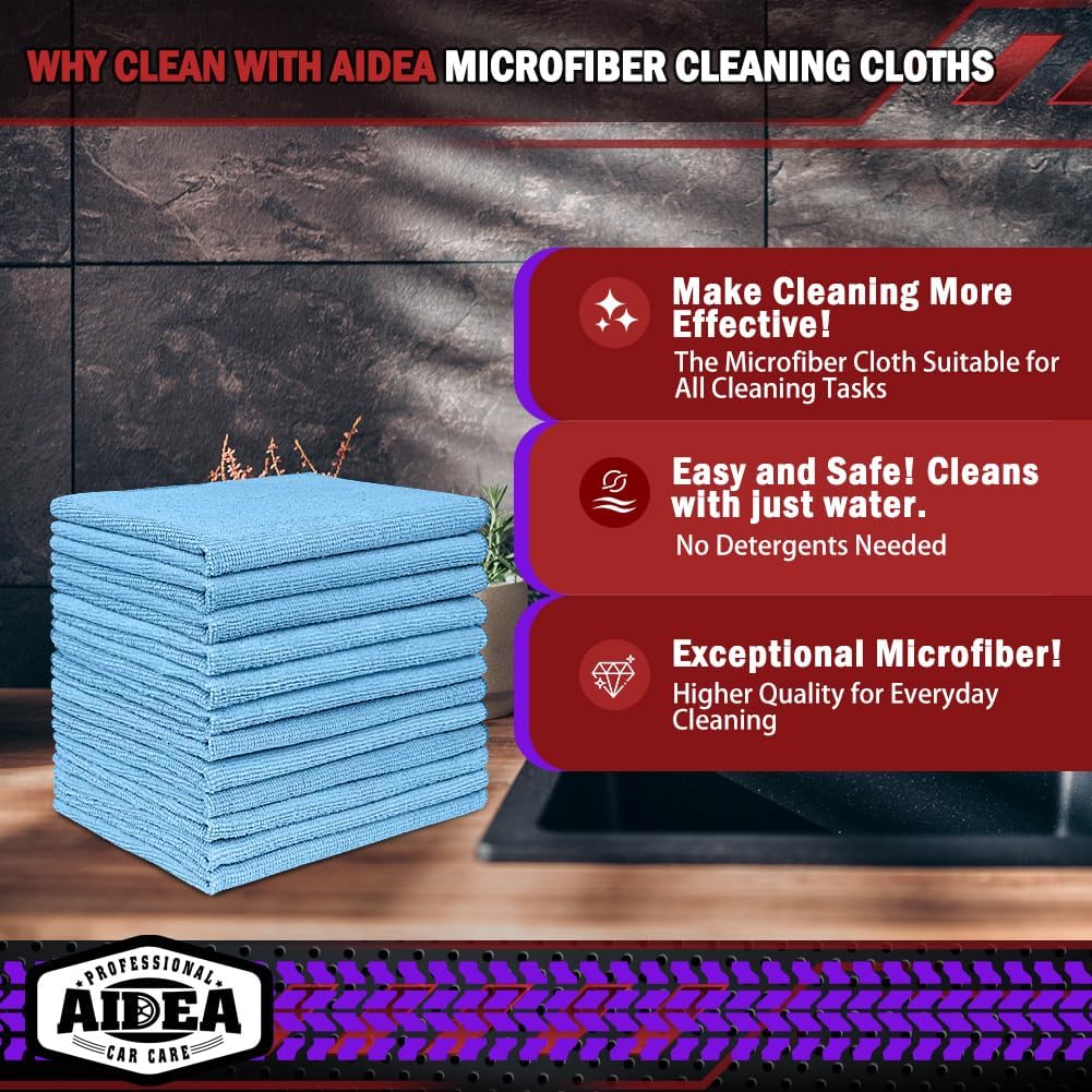 AIDEA Microfiber Cleaning Cloth Blue 20PK, Microfiber Towels for Cars, Premium Car Cloths, Dusting Cloth Lint Free Cleaning Rags for SUVs, House, Kitchen, Window, Workshops,12×12"