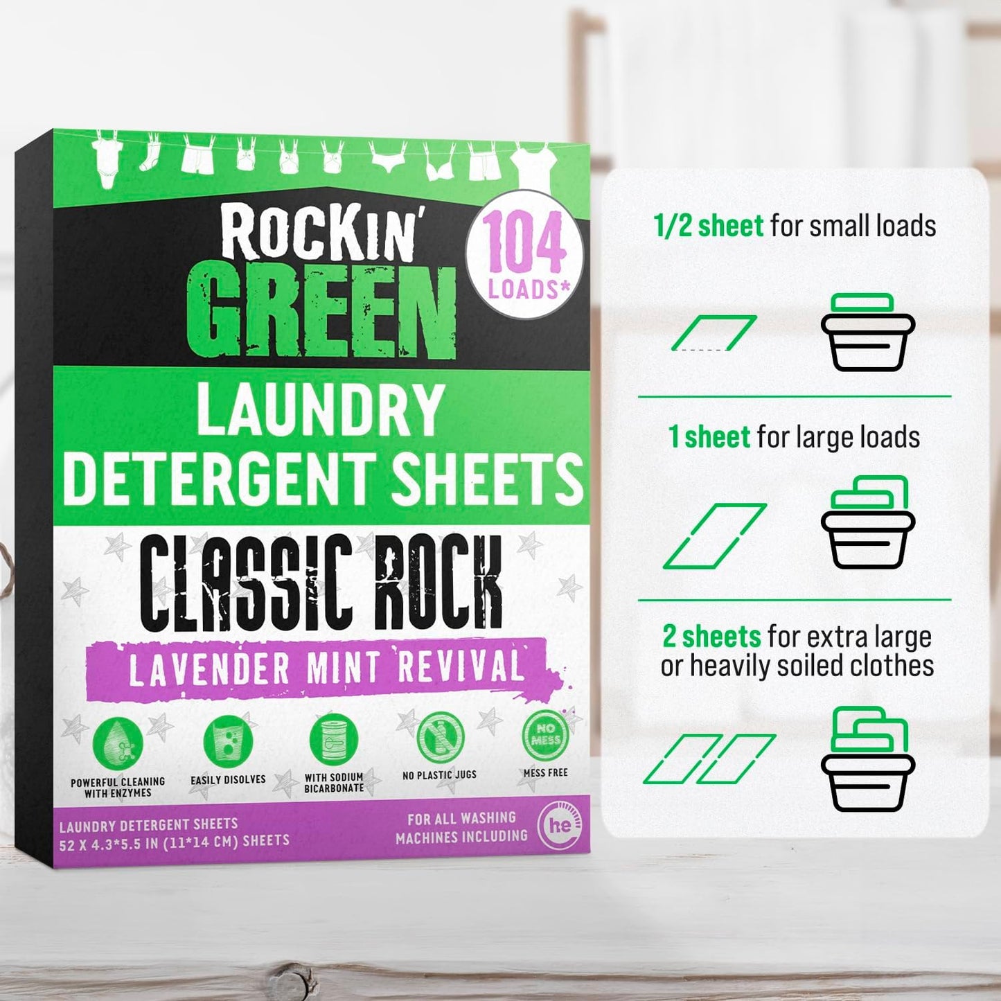 Rockin' Green Travel Laundry Detergent Sheets - Mess-Free Laundry Sheets Detergent Powerful Cleaning with Sodium Bicarbonate - Easily Dissolvable Laundry Soap Sheet (104 Loads, Lavender Mint Revival)