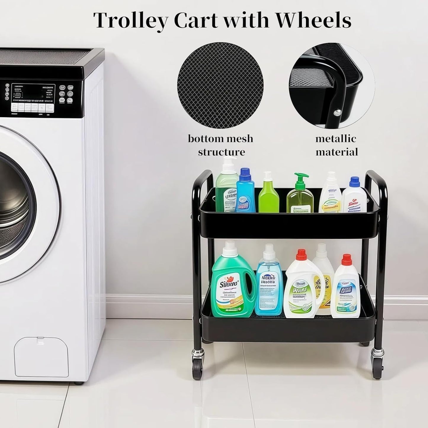 2 Tier Rolling Cart with Wheels for Under Desk Storage & Pantry Storage, Large Capacity Laundry Room & Makeup Organizer, Sturdy Kitchen Utility Cart for Small Space with 4 Hooks, Black