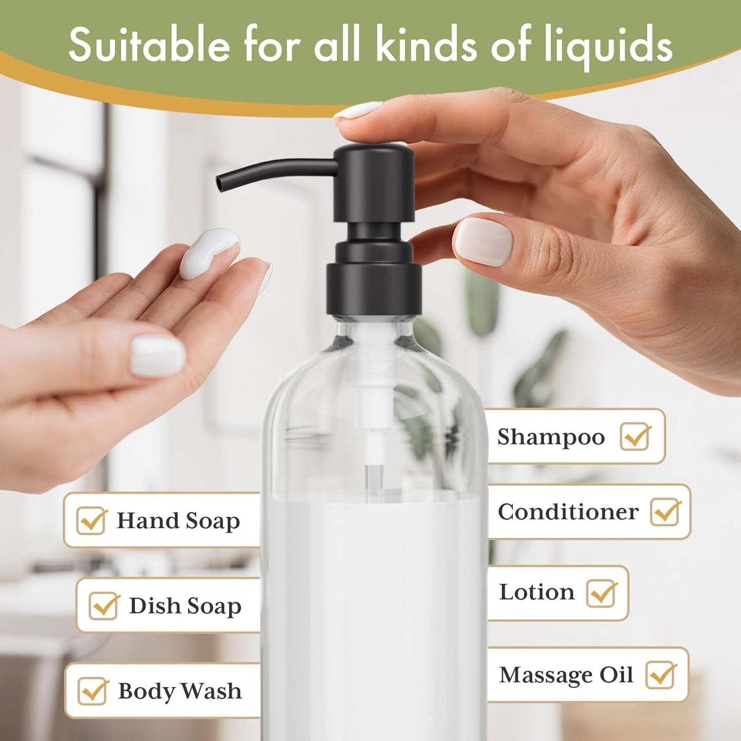 AmazerBath Soap Dispenser, 2 Pack Glass Soap Dispenser with Stainless Steel Pump, 17 Oz Bathroom Hand Soap Dispensers Bottle for Bathroom & Kitchen, Clear & Black