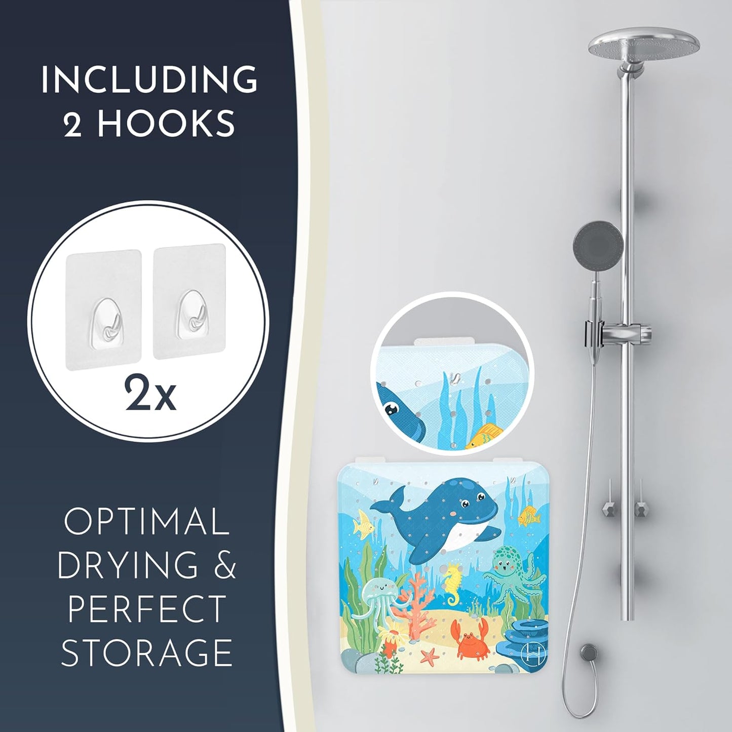 Homerella Anti Slip Shower Mat | Anti Mold Non Slip Bathtub Mat for Inside Shower | Square Floor Shower Mat 21 x 21 inch with Suction Cups for Grip & Hooks Hanging and Quick Drying | Machine Washable