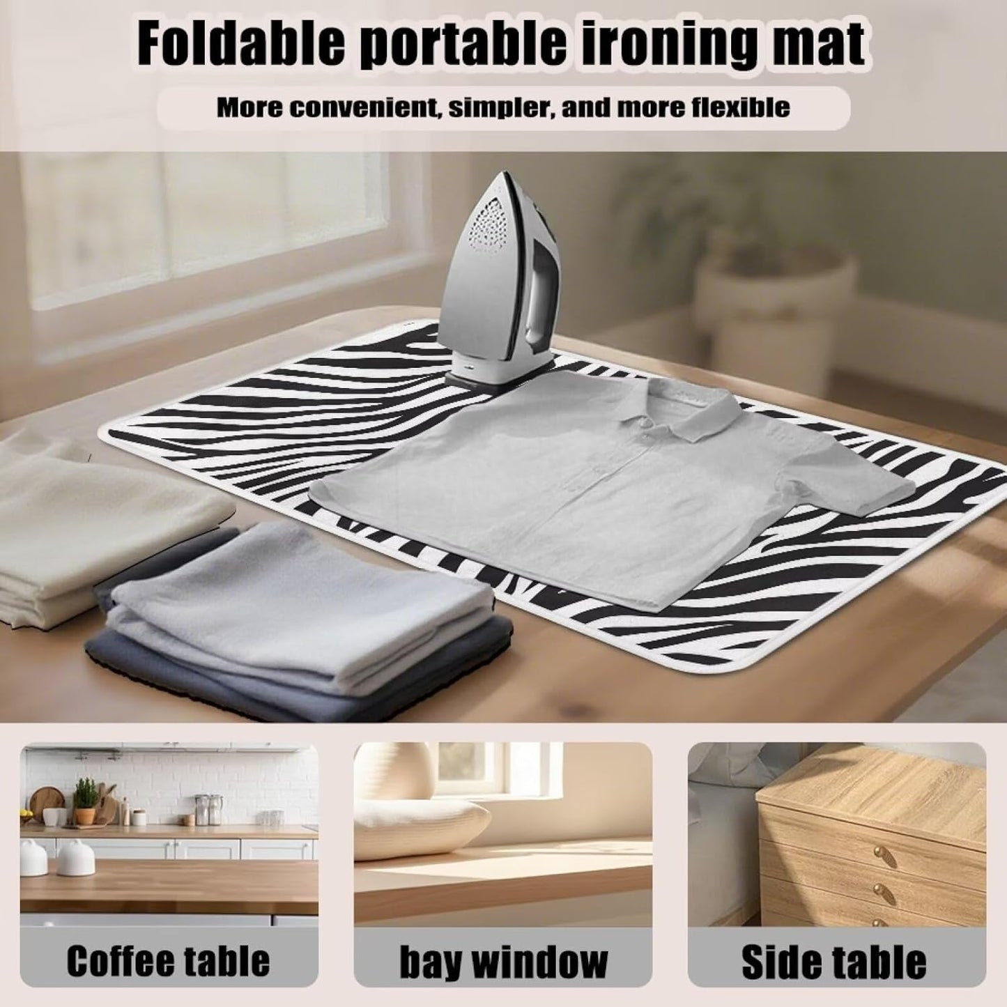 Zebra Print Ironing Mat Portable Iron Pad Magnetic Cover and Padding for Top of Washer, Dryer, Tabletop, Countertop,Travel Small Size Ironing Pads 32 x 16 Inch