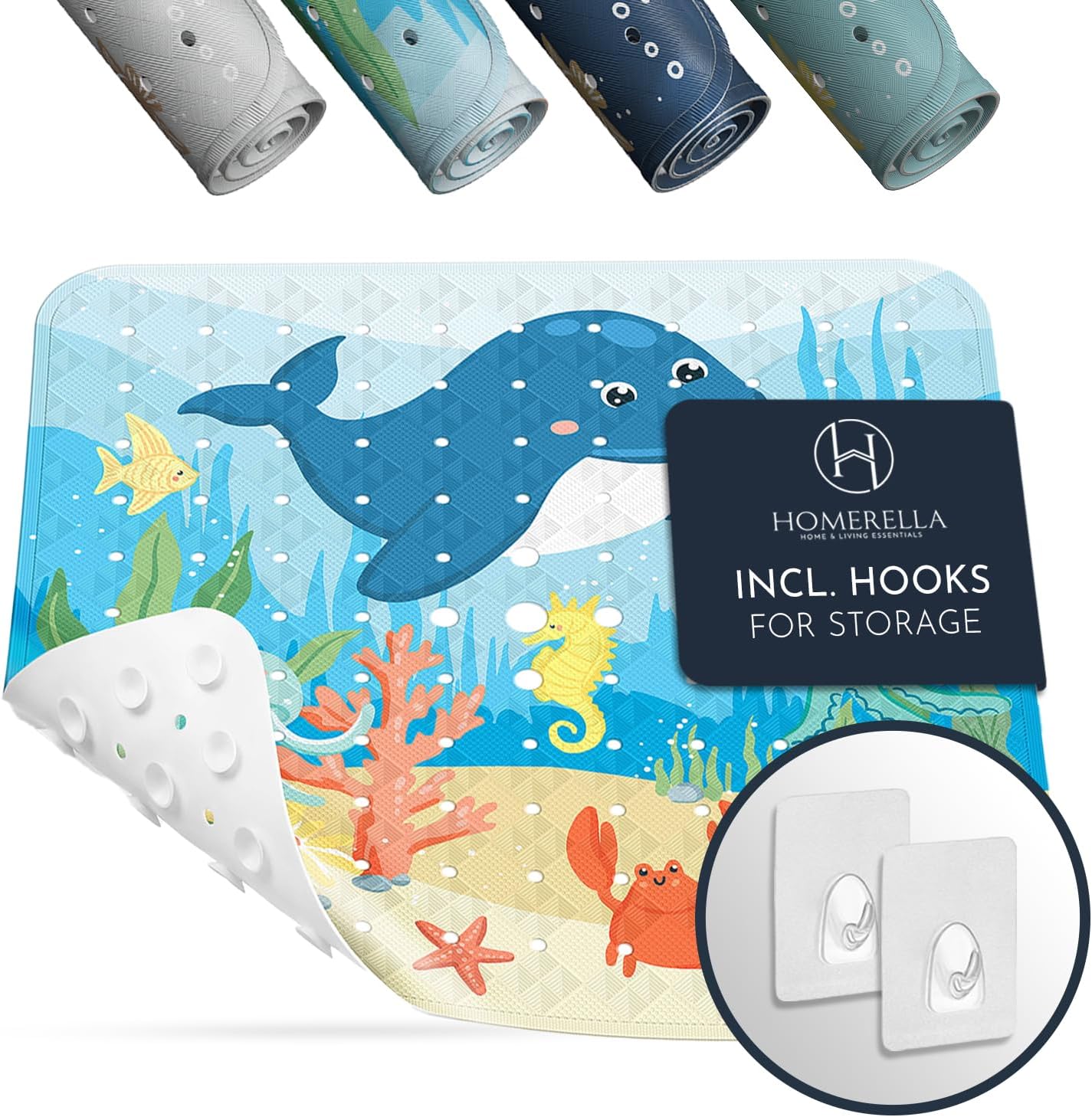 Homerella Anti Slip Shower Mat | Anti Mold Non Slip Bathtub Mat for Inside Shower | Square Floor Shower Mat 21 x 21 inch with Suction Cups for Grip & Hooks Hanging and Quick Drying | Machine Washable