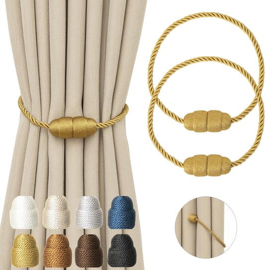 Magnetic Curtain Tiebacks Rope Curtain Tie Backs for Curtains 2 Pack Curtain Holders for Drapes Decorative Window Curtain Holdbacks, Gold