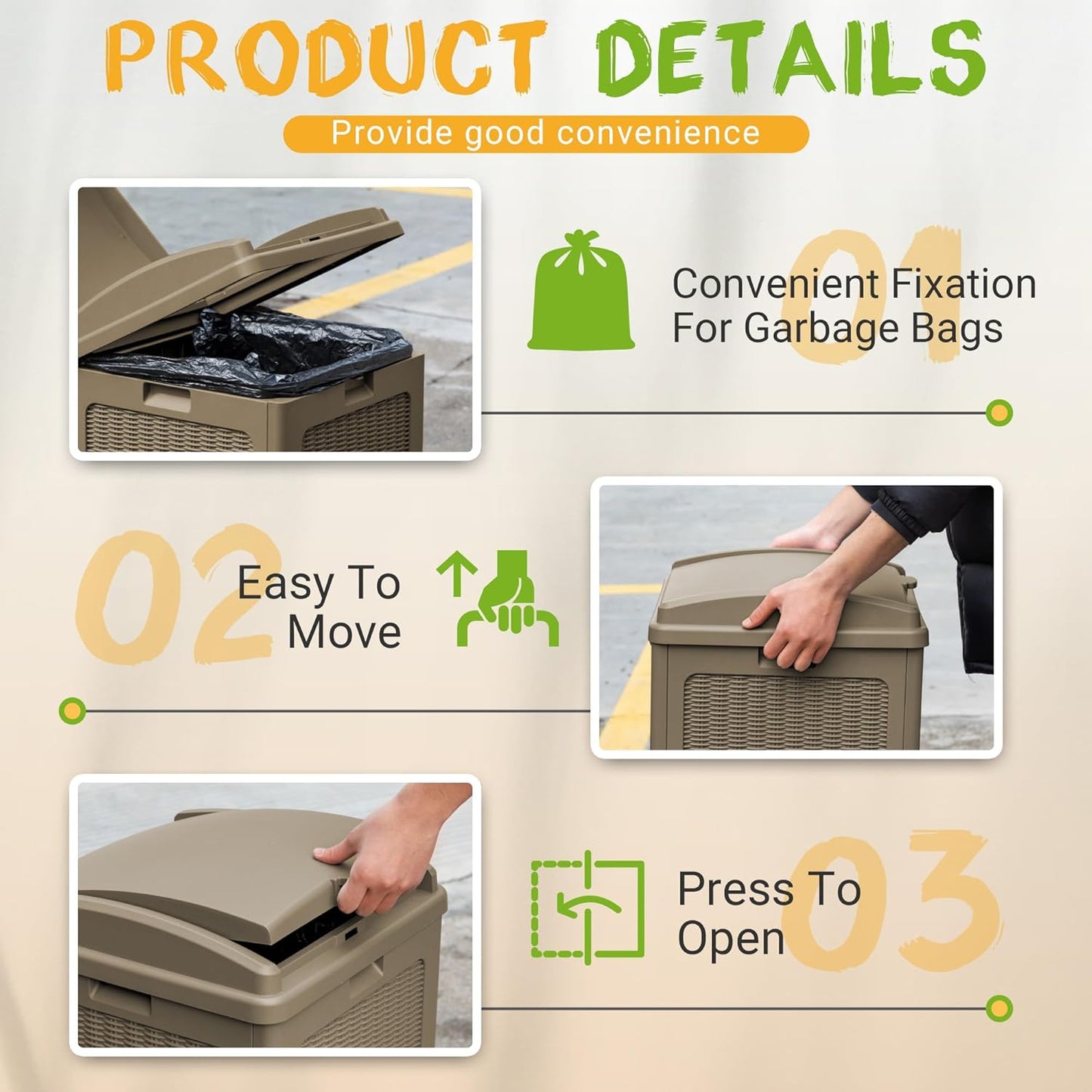 YESHOMY 2 Pack Outdoor Trash Can with Lid, Garbage Bins for Garden, Porch, Home and Kitchen, Coffee