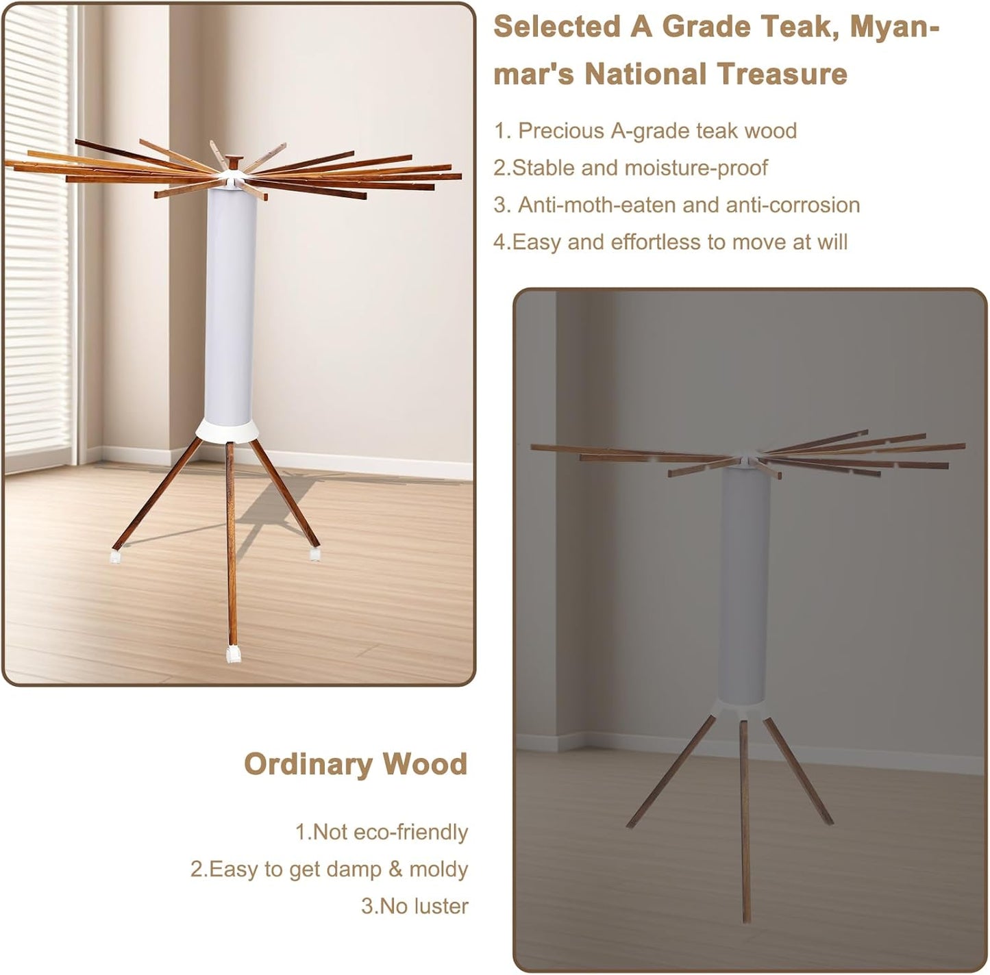 Portable Teak Tripod Clothes Drying Rack, Foldable Space-Saving Design, 16 Waterproof Teak Wood Drying Rods