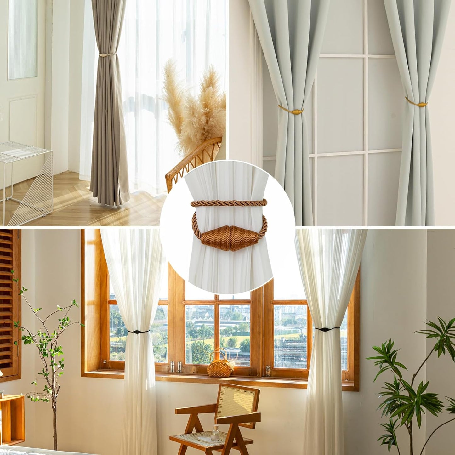 Magnetic Curtain Tiebacks 8 Pack Outdoor Rope Curtain Tie Backs Decorative Window Treatment Holdbacks for Home Decorative Curtain, Khaki