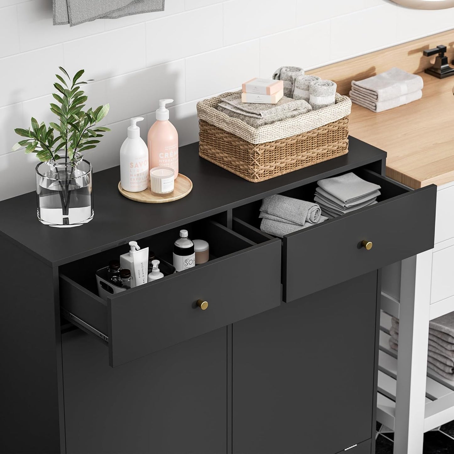 Double Tilt Out Trash Can Cabinet, Trash Storage Cabinet with 2 Drawers, Hidden Garbage Bin, Free Standing Laundry Sorter Organizer for Kitchen Dining Living Room, Bathroom, Black