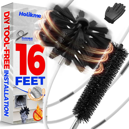 Holikme 16 Feet Dryer Vent Cleaner Kit, Lint Remover,Fireplace Chimney Brushes, Extends Up to 16 Feet, Synthetic Brush Head, Use with or Without a Power Drill