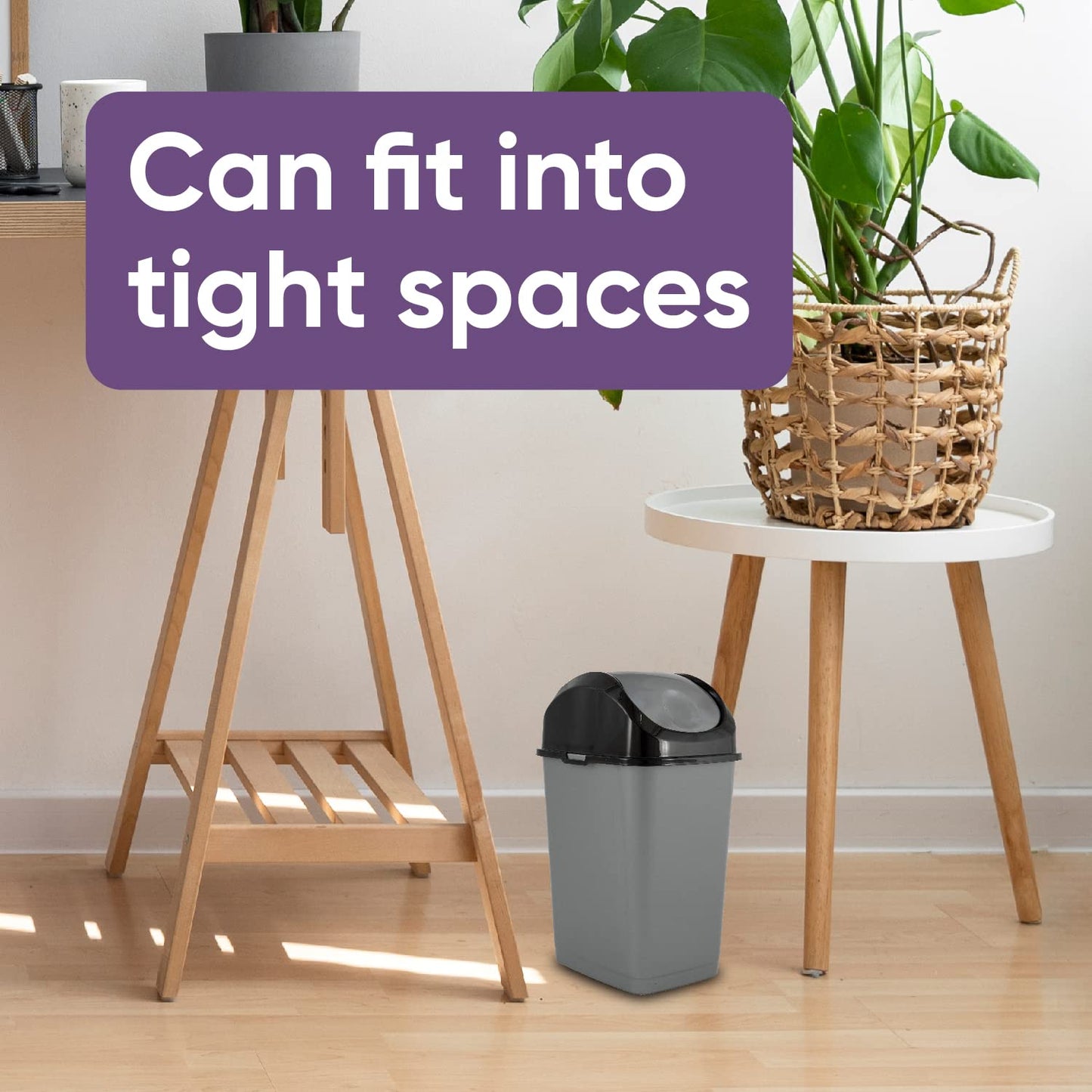 Superio Mini Plastic Trash Can with Swing Top Lid 1.25 Gallon Compact Small Waste Bin Portable Garbage Can for Countertop, Desktop, Make up Vanity, Bathroom, Car, Under Sink, Dorm 5 Qt. (Grey/Black