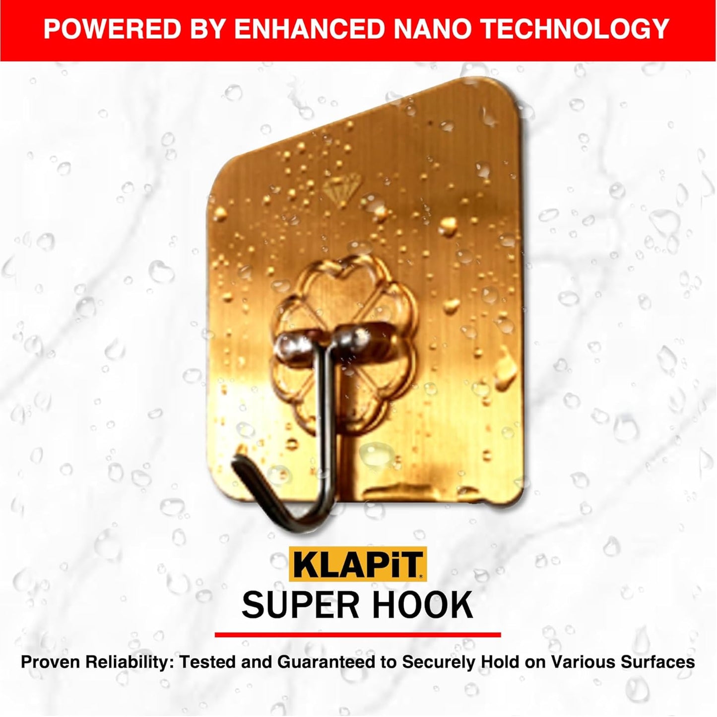 KLAPiT Super Hook - Heavy-Duty Adhesive Gold Wall Hooks, Holds Up to 11 lbs, Waterproof, No Damage, Easy Install on Tile, Wood, Stone, Glass & Metal - Made of Steel (Gold, 4pc)