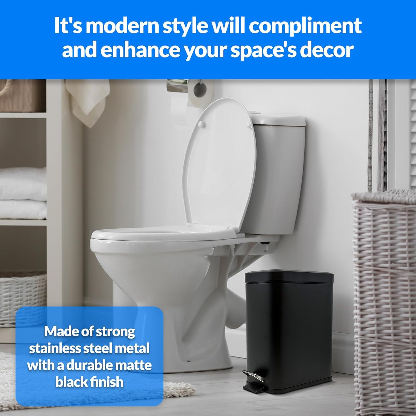 Reli. Small Trash Can with Lid, 1.3 Gallon (5 Liter) | Stainless Steel (Matte Black) | Small Bathroom Trash Can | Step Pedal Garbage Bin with Removable Bucket, Kitchen | Rectangular Metal Bin