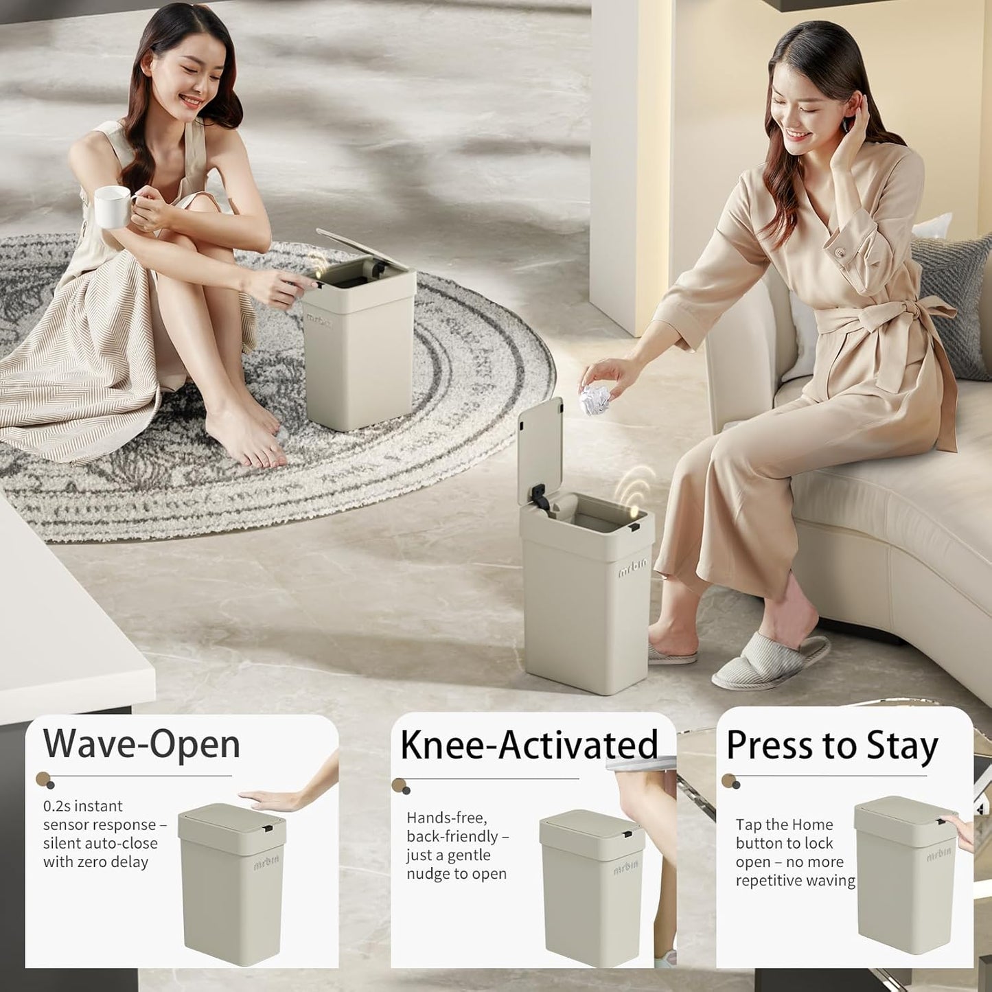 MRBIN Motion Sensor Bathroom Trash Can with Lid, 9L/2.4gal Automatic Plastic Slim Covered Electric Waste Basket, Narrow Rectangle Garbage Bin Under Desk for Small Office, Bedroom, Kitchen, Rv, Gray