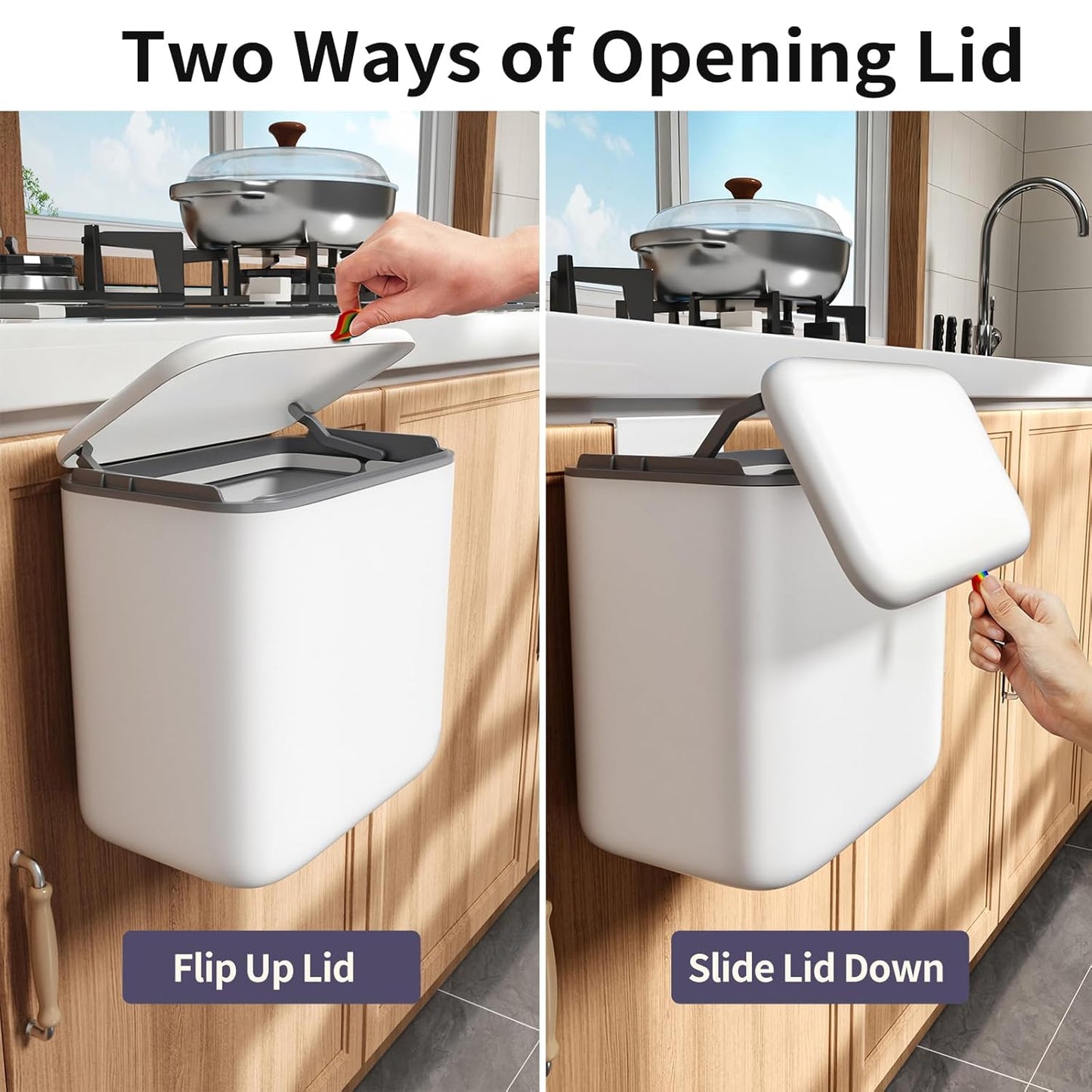 Kitchen Compost Bin with Lid - Hanging Small Trash Can for Countertop or Under Sink, 2.6 Gallon Wall Mounted Garbage Can for Cabinet Door, Indoor Food Waste Bin for Bathroom, RV, Office, White