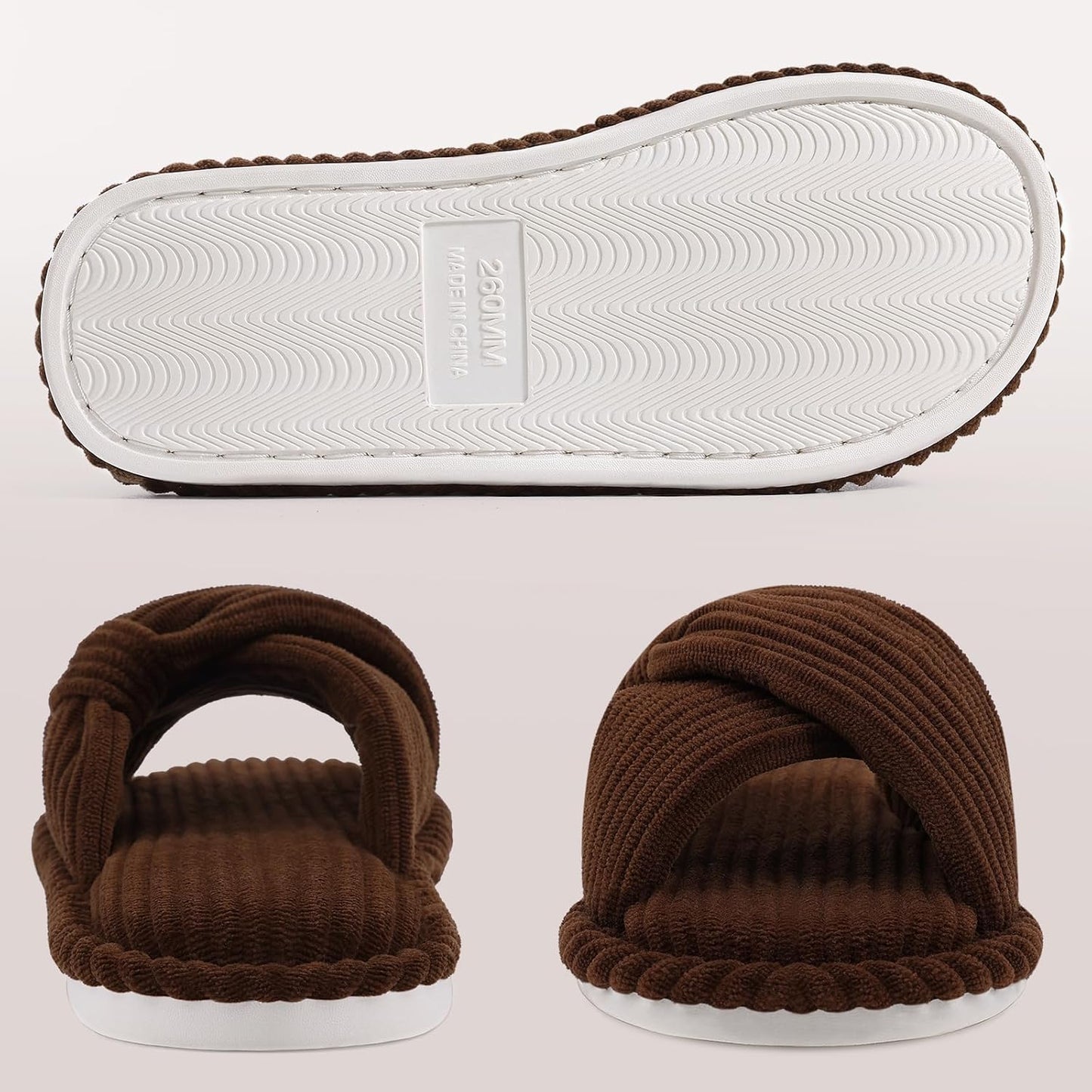 Evshine Summer House Slippers for Women Corduroy Cross Bow Indoor Slippers Open Toe Slip On Bedroom Shoes with Memory Foam