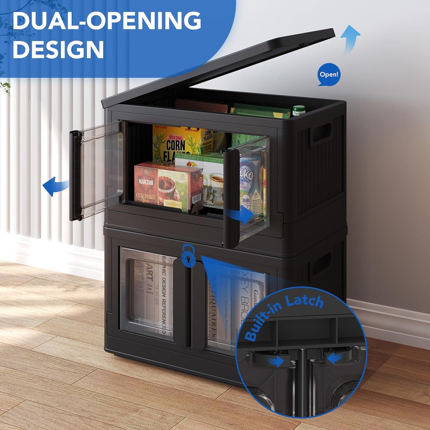 FLEXIMOUNTS 75 QT Stackable Storage Bins With Lids, Collapsible Plastic Storage Bins, Closet Organizers and Storage Containers with Doors and Built-in Wheels For Home, 2 Pack Cubes, Black