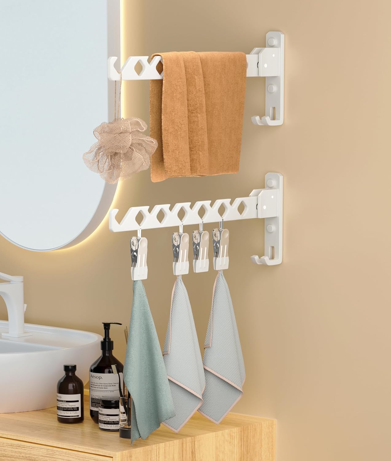 Wall Mount Coat Hanger Holder White Clothes Drying Organizer Rack Garment Hooks Aluminium Retractable Folding Indoor Wall Mounted Hanger Space Saver for Laundry Room Bedroom White 2 Pack with 8 Hooks