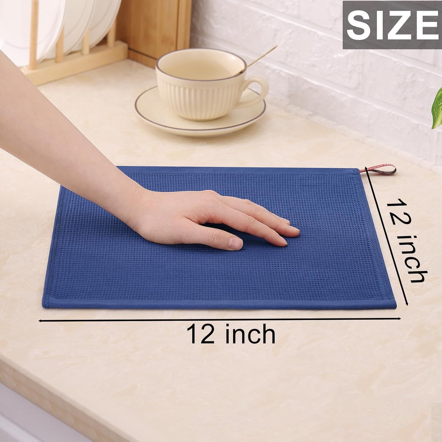 Homaxy 100% Cotton Kitchen Towels and Dishcloths Set - 8 Pack Waffle Weave Soft and Absorbent Dish Towels - 26 X 16 Inch and 12 X 12 Inch - Navy Blue