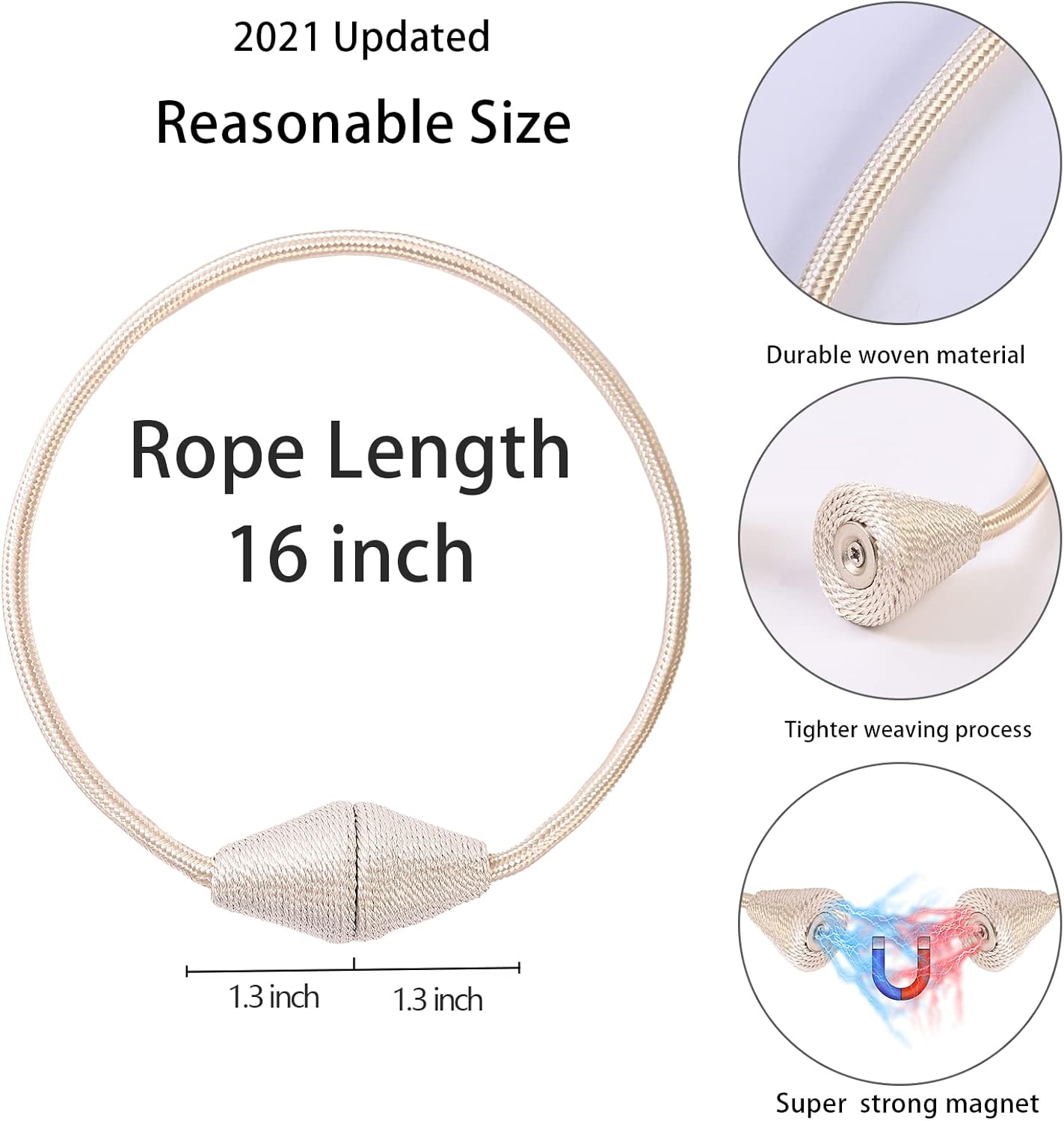 2 PCS Magnetic Curtain Tiebacks, European Style Convenient Drape Tie Backs Holdbacks for Thin or Thick Home & Office Window Draperies, No Tools Required（Beige）