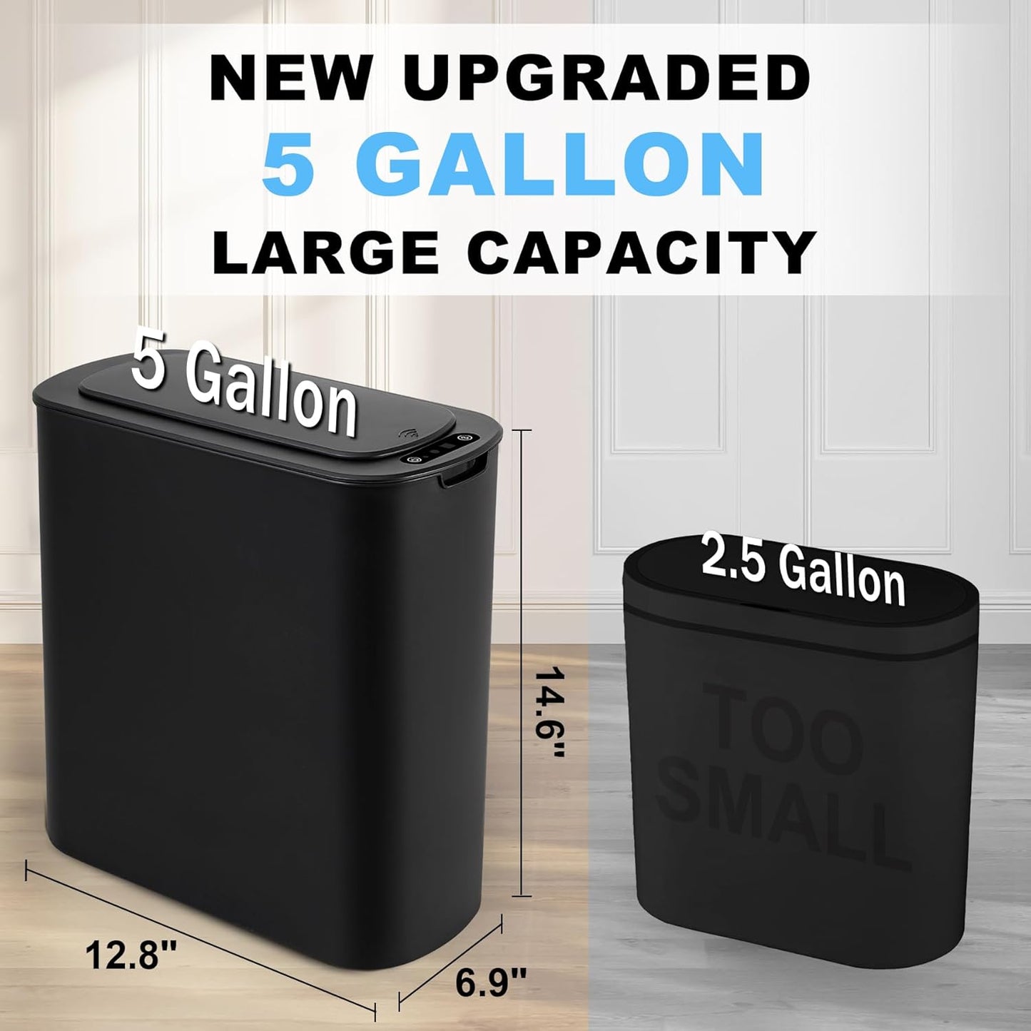 Cesun Motion Sensor Trash Can, 5 Gallon Automatic Bathroom Garbage Can with Lid, Touchless Smart Plastic Slim Wastebasket for Bathroom, Office, rv, Bedroom, Living Room, Black