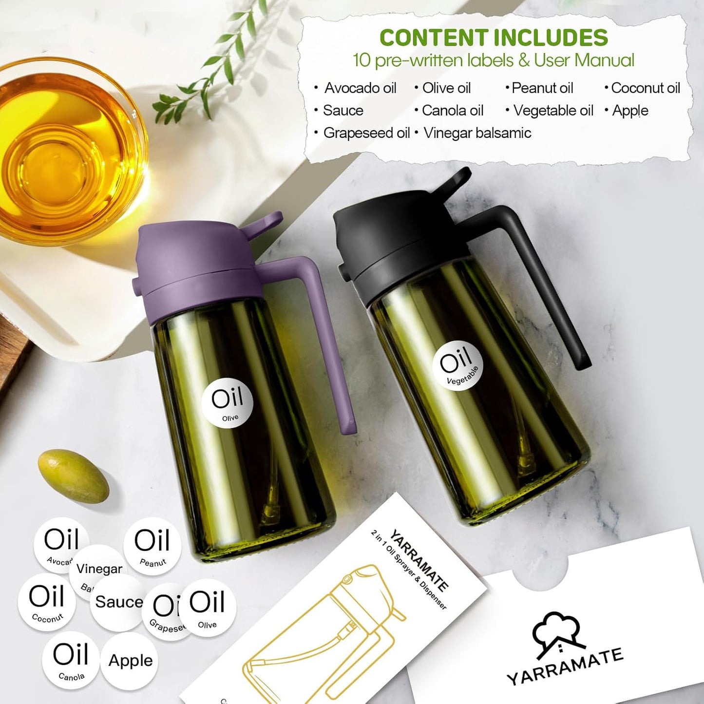 YARRAMATE 16oz/470ml Dark Green Oil Sprayer for Cooking with Stickers, Food-grade Premium 2 in 1 Olive Oil Dispenser Bottle for Kitchen Gadgets, Air Fryer, Salad, Frying, BBQ (Purple)