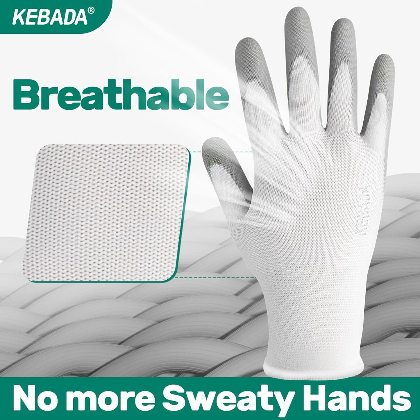 Kebada W1 Work Gloves for Men and Women, 12 Pairs Touchscreen Safety Gloves with Grip, PU-Coated, Ideal for Light & Medium Duty Tasks, White, XX-Large