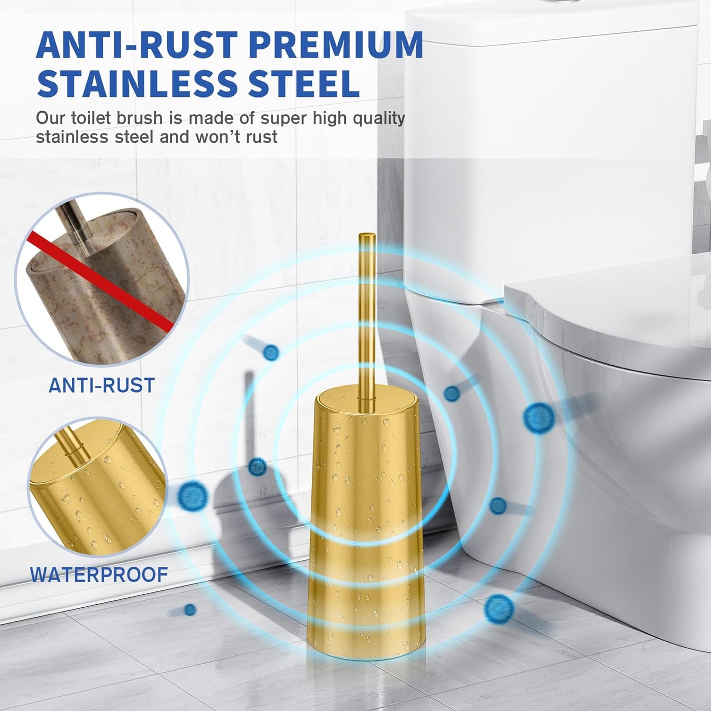 Toilet Brush and Holder, 2 Pack Toilet Brush Stainless Steel, Toilet Bowl Brush for Bathroom Toilet-Ergonomic, Elegant,Durable (Gold)