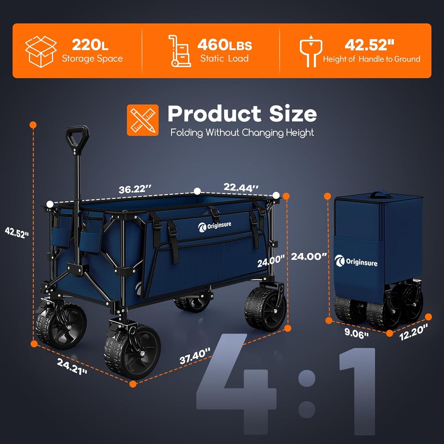 220L Collapsible Wagon Cart Foldable, 460lbs Load Capacity Heavy Duty Folding Beach Wagons with Big All-Terrain Wheels, Utility Carts for Groceries, Shopping, Camping, Sports - Blue