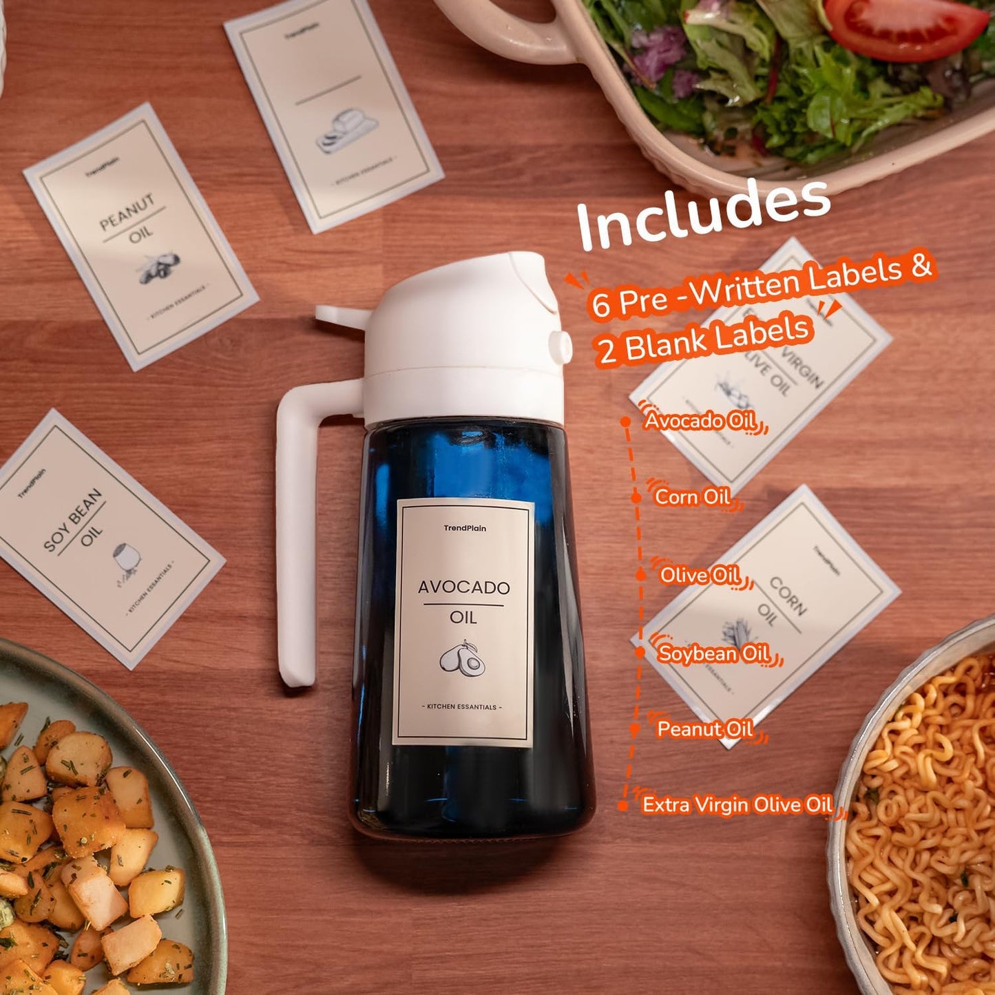 TrendPlain 16oz/470ml Blue Glass Olive Oil Sprayer for Cooking - 2 in 1 Olive Oil Dispenser for Kitchen Gadgets, Air Fryer, Salad, and BBQ - White & Green